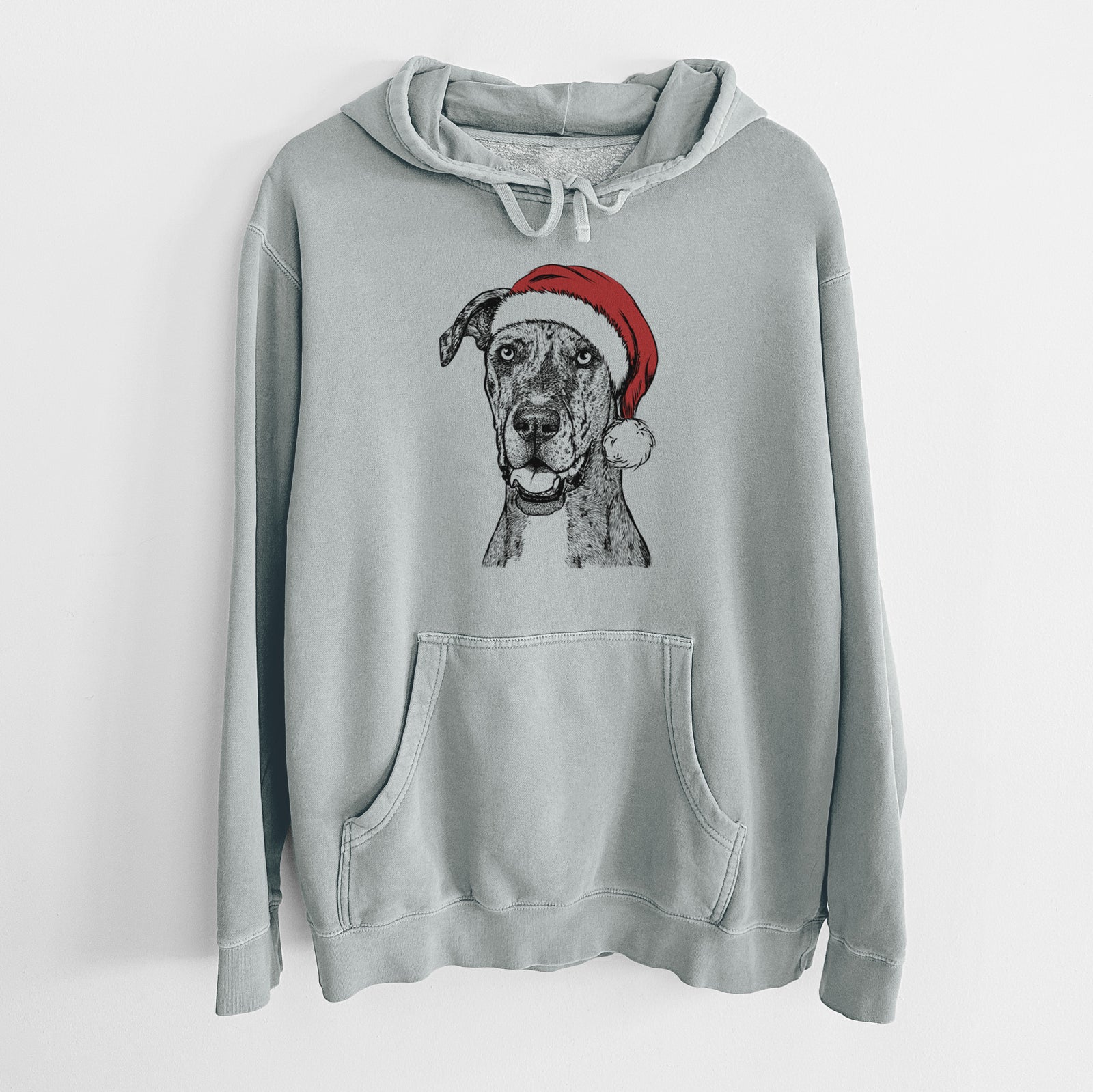 Hand-drawn sketch of Athena the Merle Great Dane wearing a Santa hat on a Sage Unisex pigment dyed hoodie