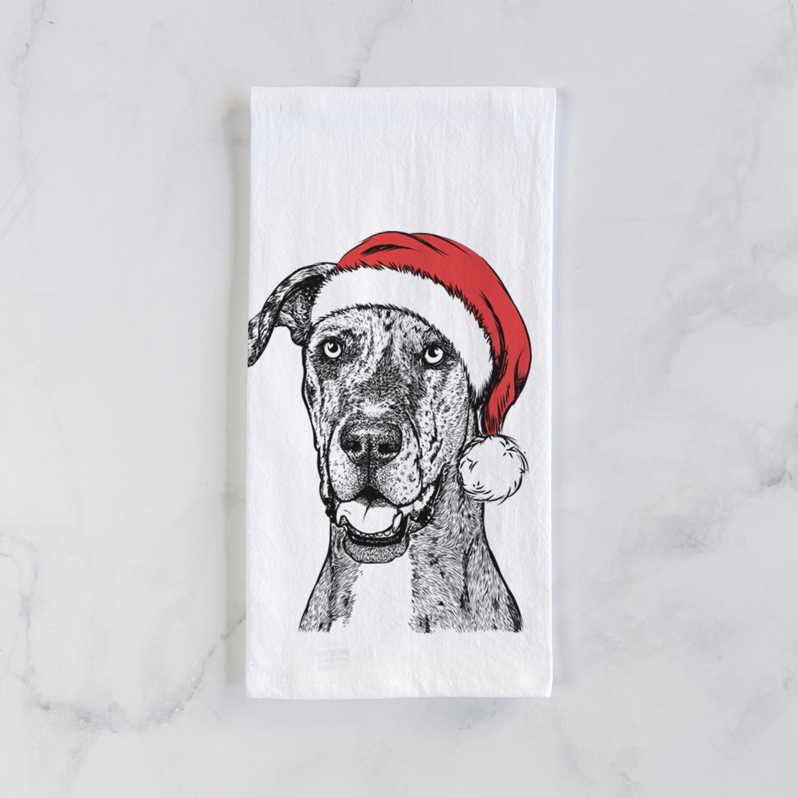 Hand-drawn sketch of Athena the Merle Great Dane wearing a Santa hat on a tea towel