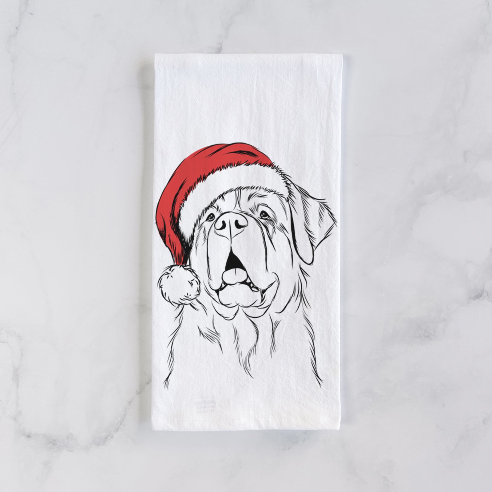 Hand-drawn sketch of Atlas the Saint Bernard wearing a Santa hat on a tea towel
