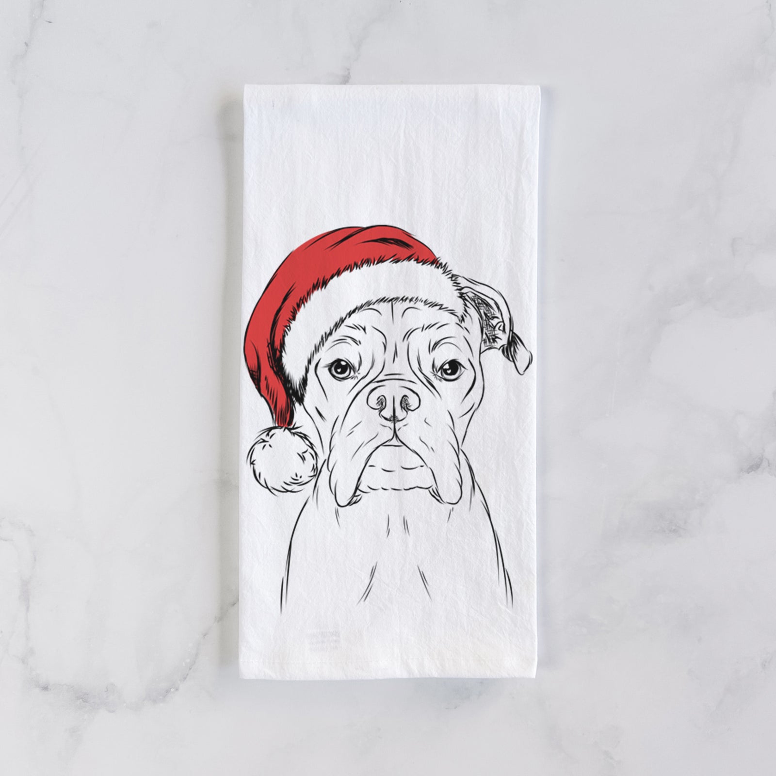 Hand-drawn sketch of Axel the Boxer wearing a Santa hat on a tea towel