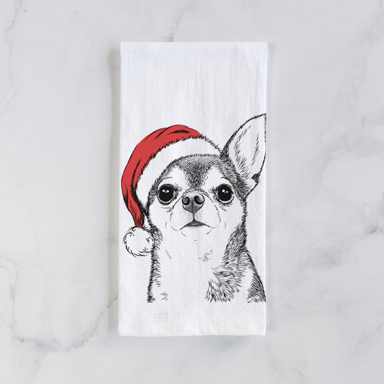 Hand-drawn sketch of Baby the Chihuahua wearing a Santa hat on a tea towel