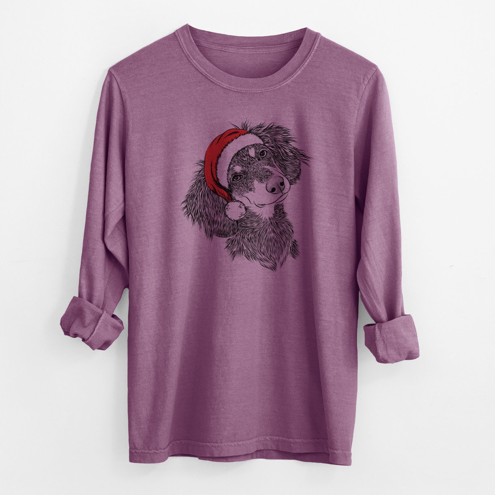 Santa Bailey the Long Haired Dachshund - Men's Heavyweight 100% Cotton Long Sleeve