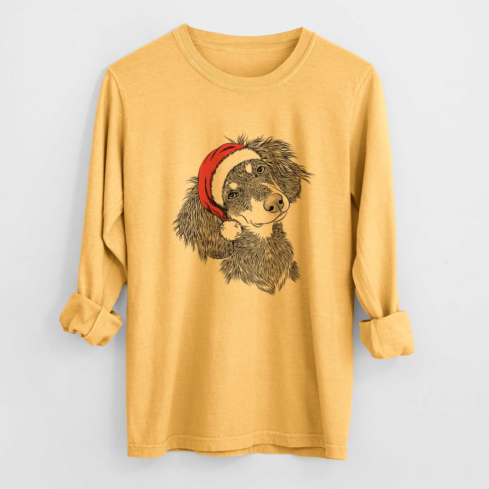 Santa Bailey the Long Haired Dachshund - Men's Heavyweight 100% Cotton Long Sleeve