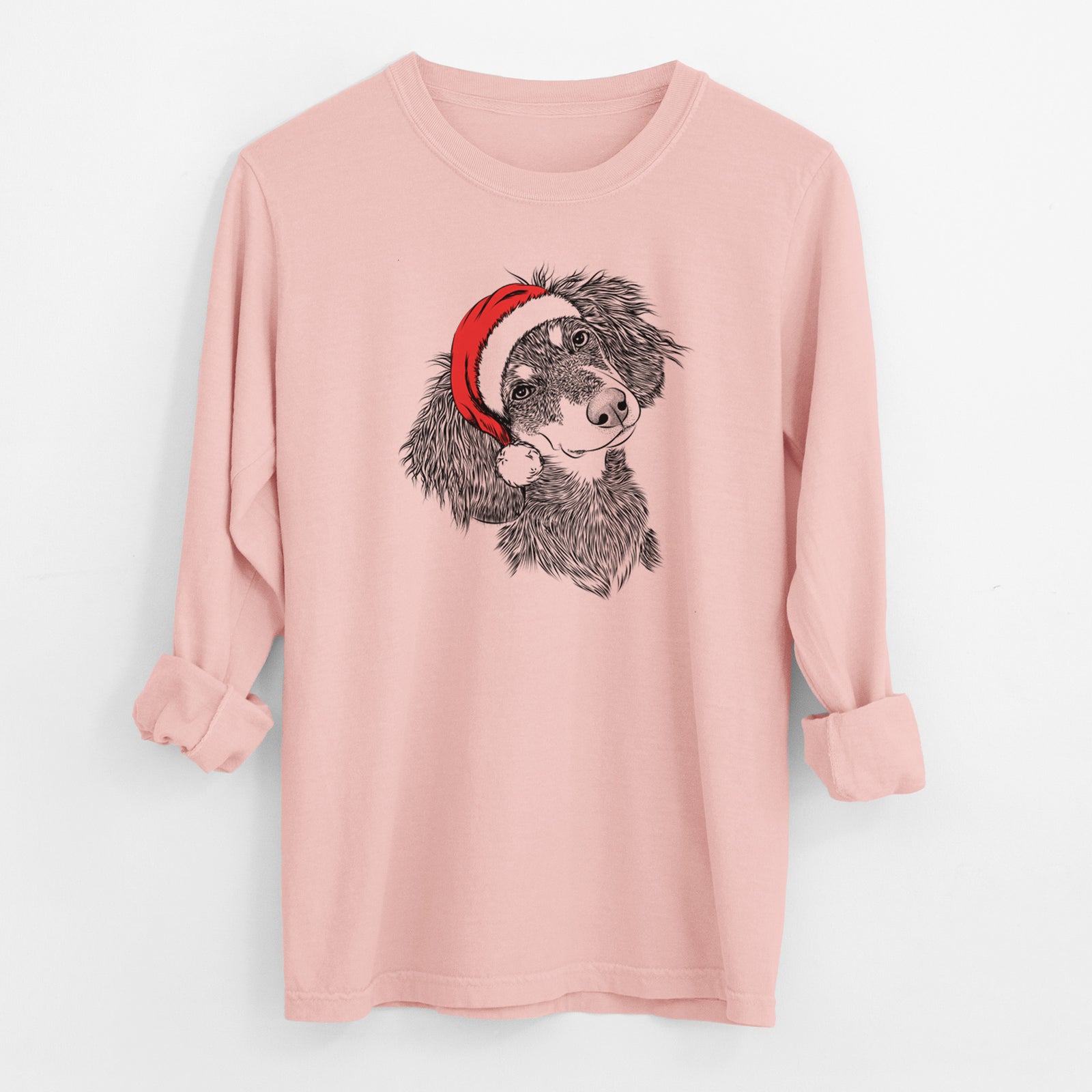 Santa Bailey the Long Haired Dachshund - Men's Heavyweight 100% Cotton Long Sleeve