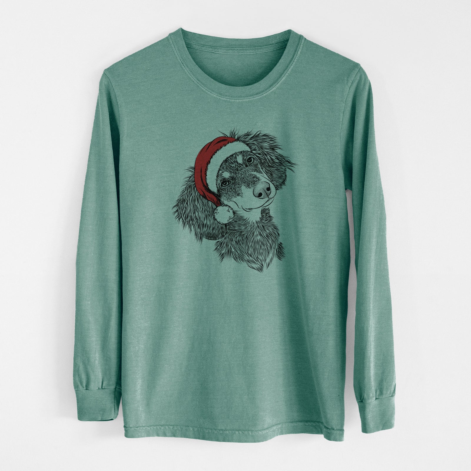 Santa Bailey the Long Haired Dachshund - Men's Heavyweight 100% Cotton Long Sleeve