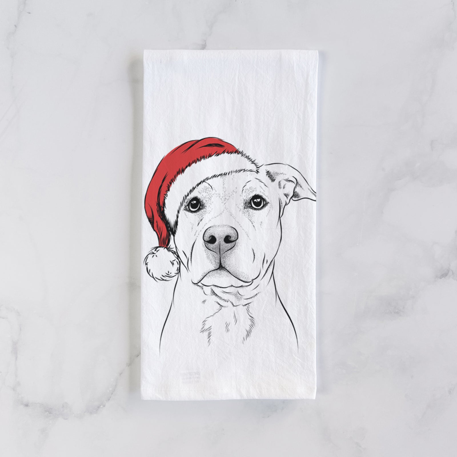 Hand-drawn sketch of Bailey the American Staffordshire Terrier wearing a Santa hat on a tea towel