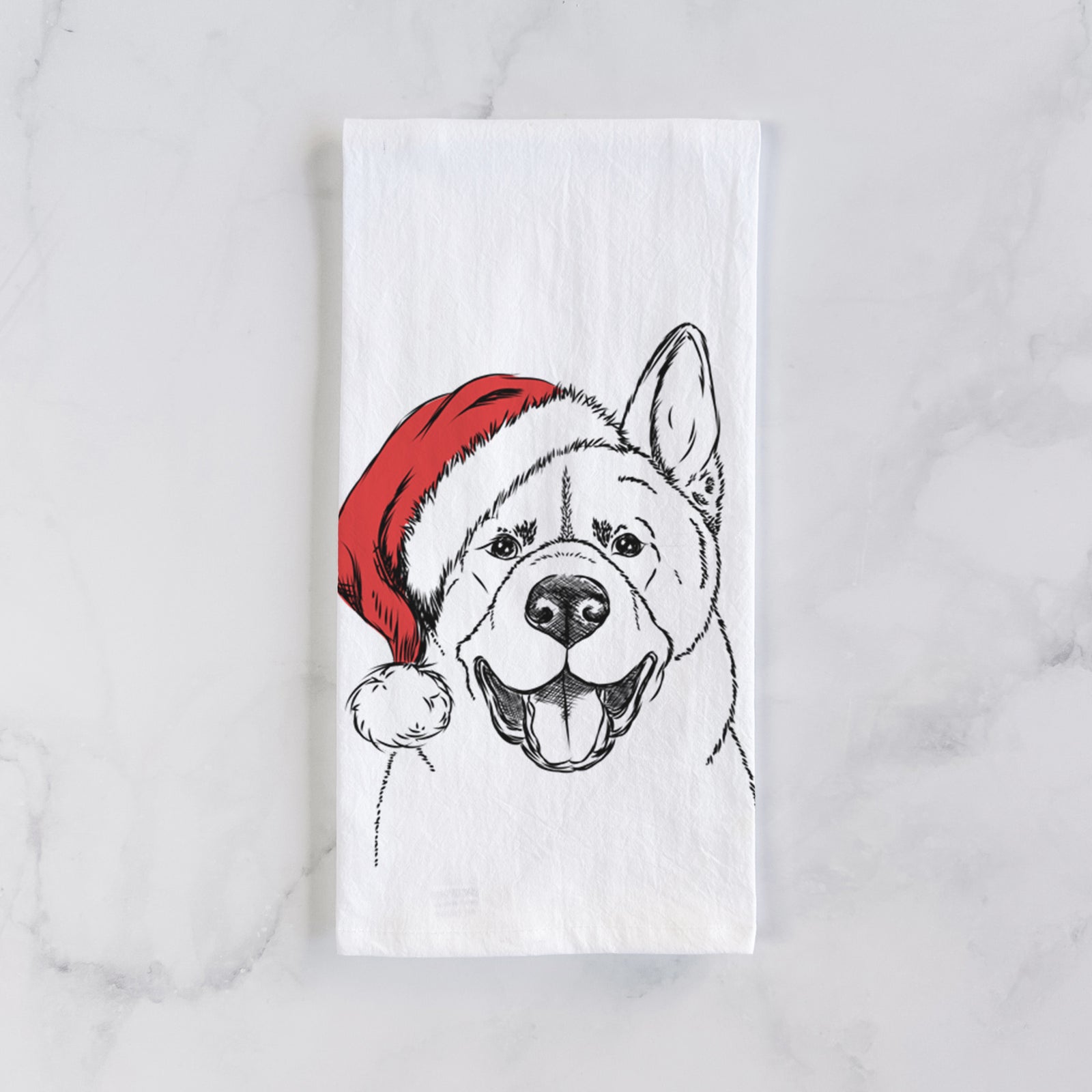 Hand-drawn sketch of Baku the Akita wearing a Santa hat on a tea towel