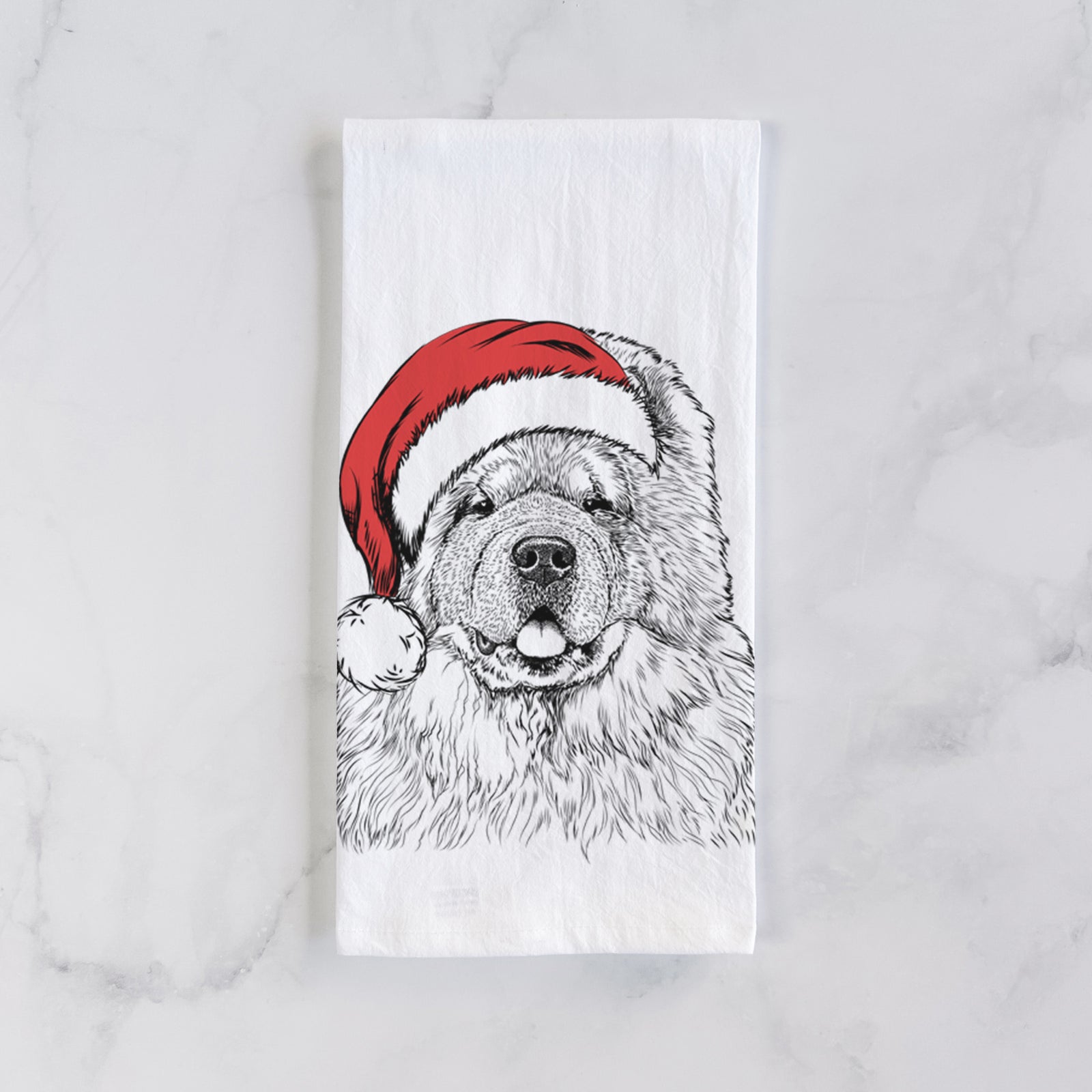 Hand-drawn sketch of Baloo the Chow Chow wearing a Santa hat on a tea towel