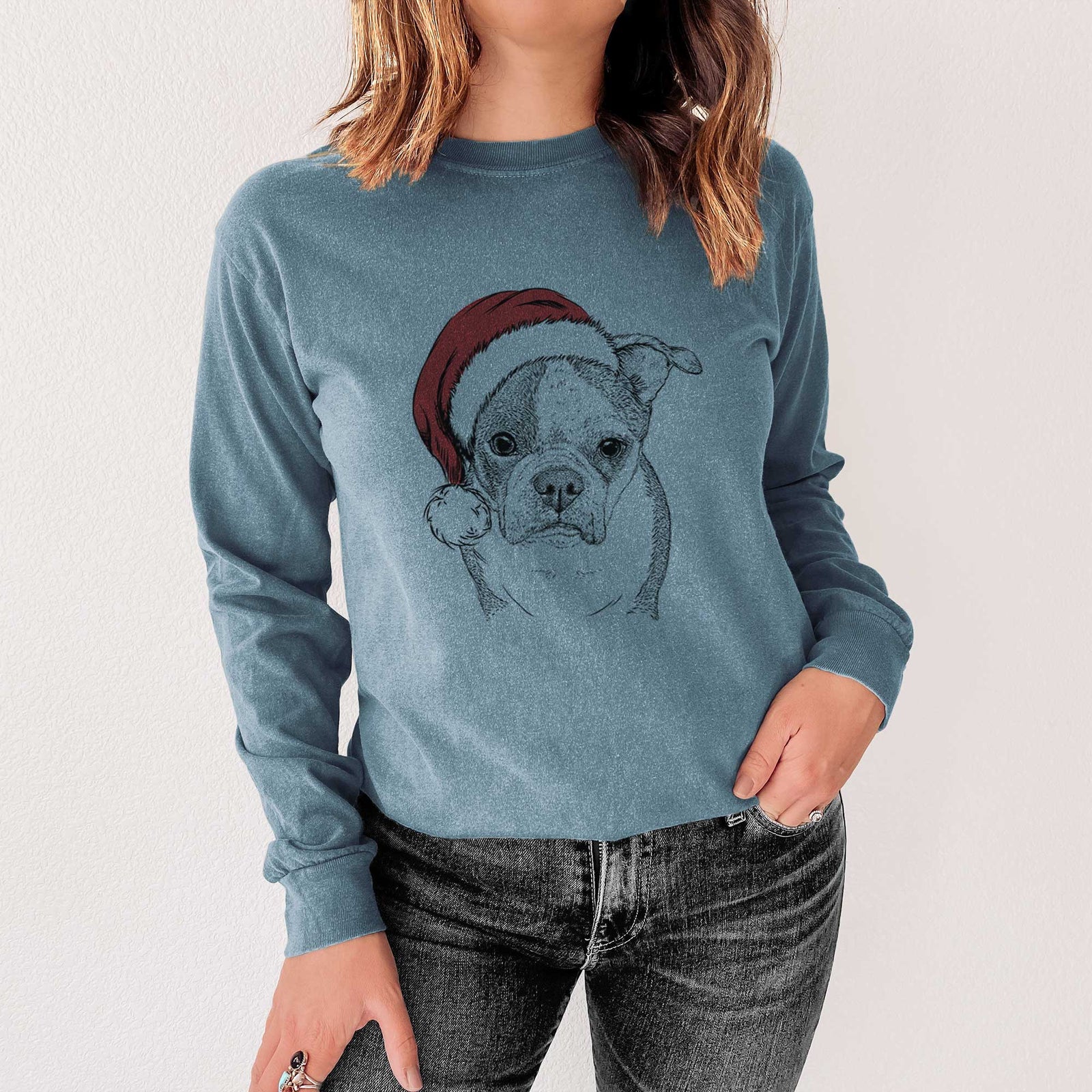 Santa Bandit the Boston Terrier - Men's Heavyweight 100% Cotton Long Sleeve