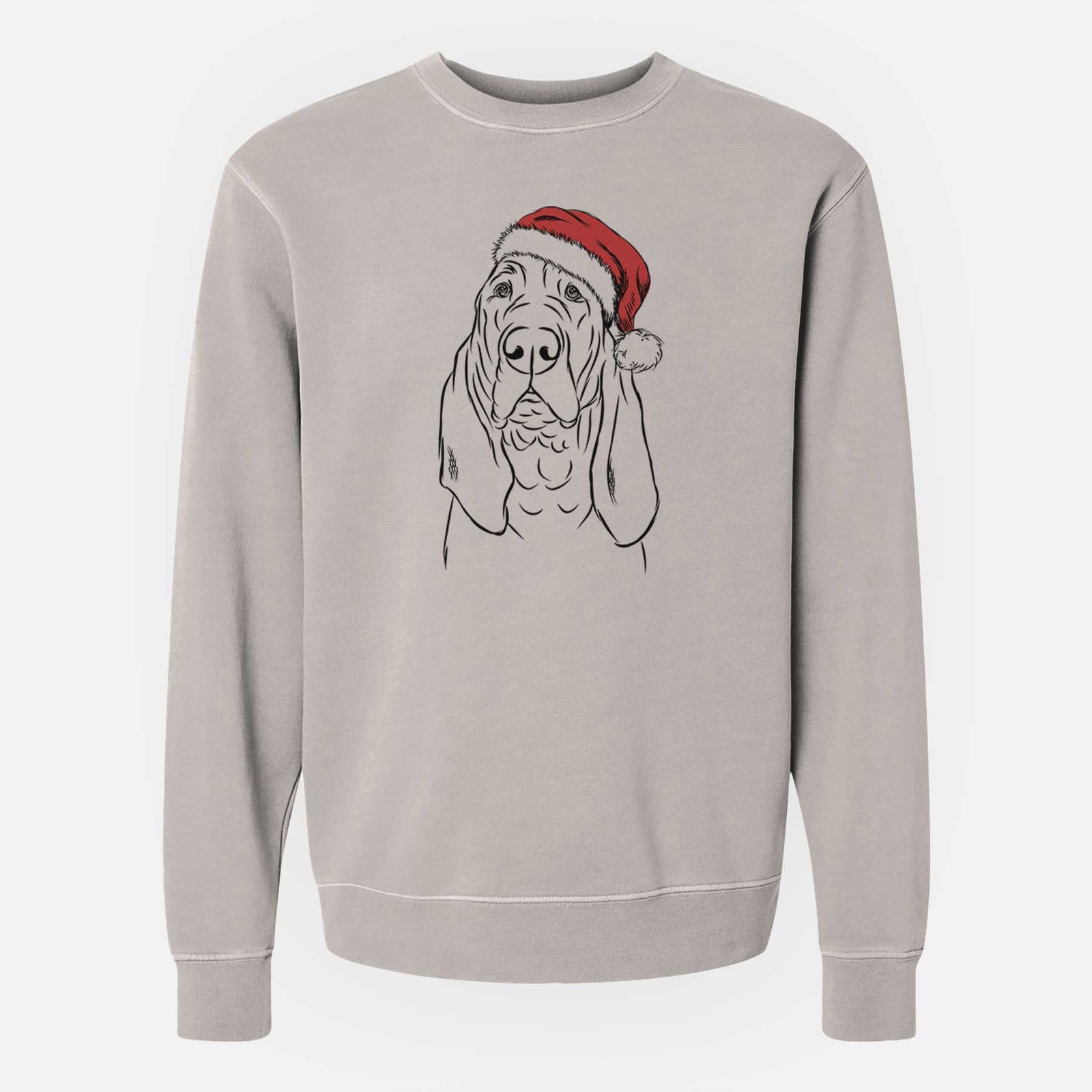 Hand-drawn sketch of Baron the Bloodhound wearing a Santa hat on a Cement Unisex pigment dyed crew sweatshirt
