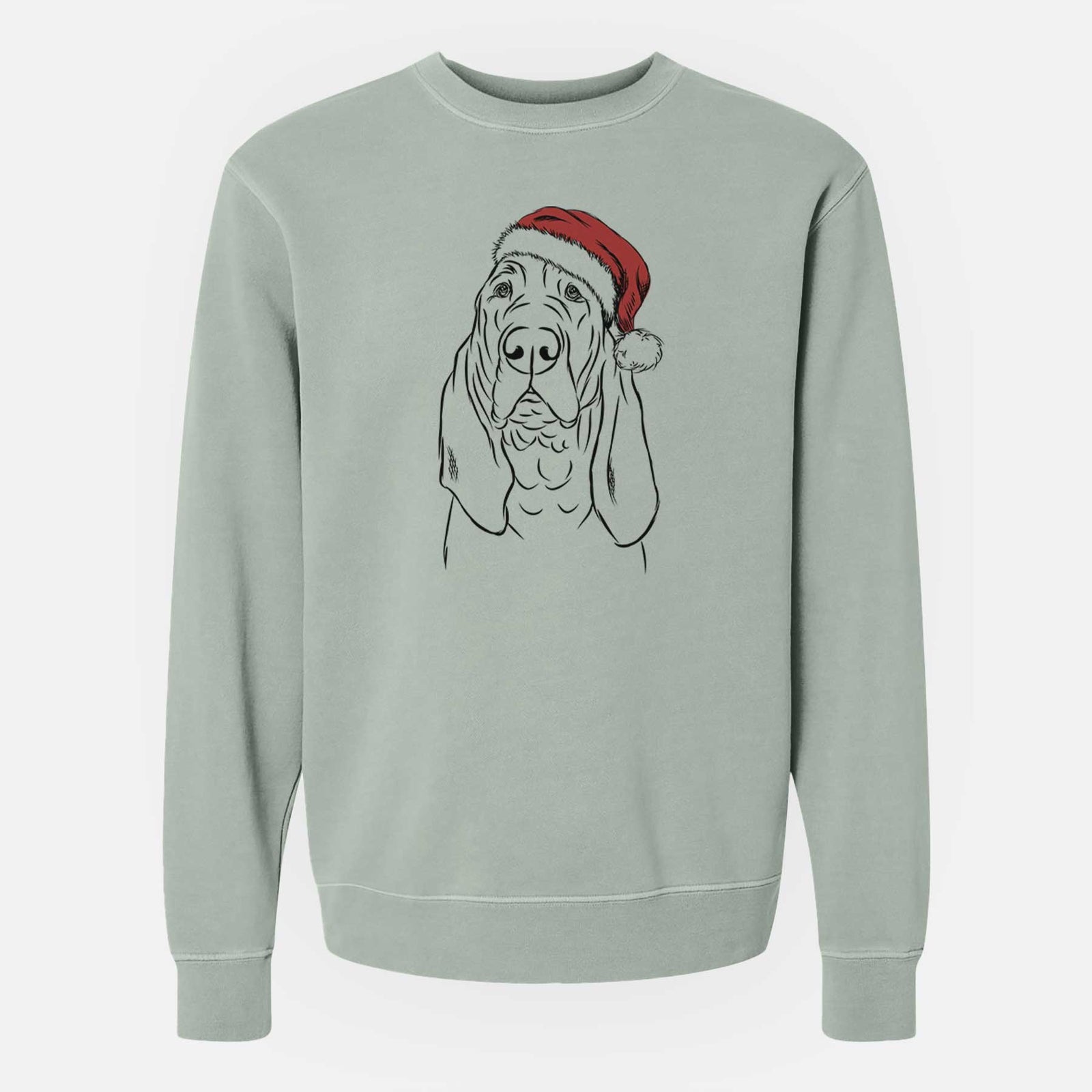 Hand-drawn sketch of Baron the Bloodhound wearing a Santa hat on a Sage Unisex pigment dyed crew sweatshirt