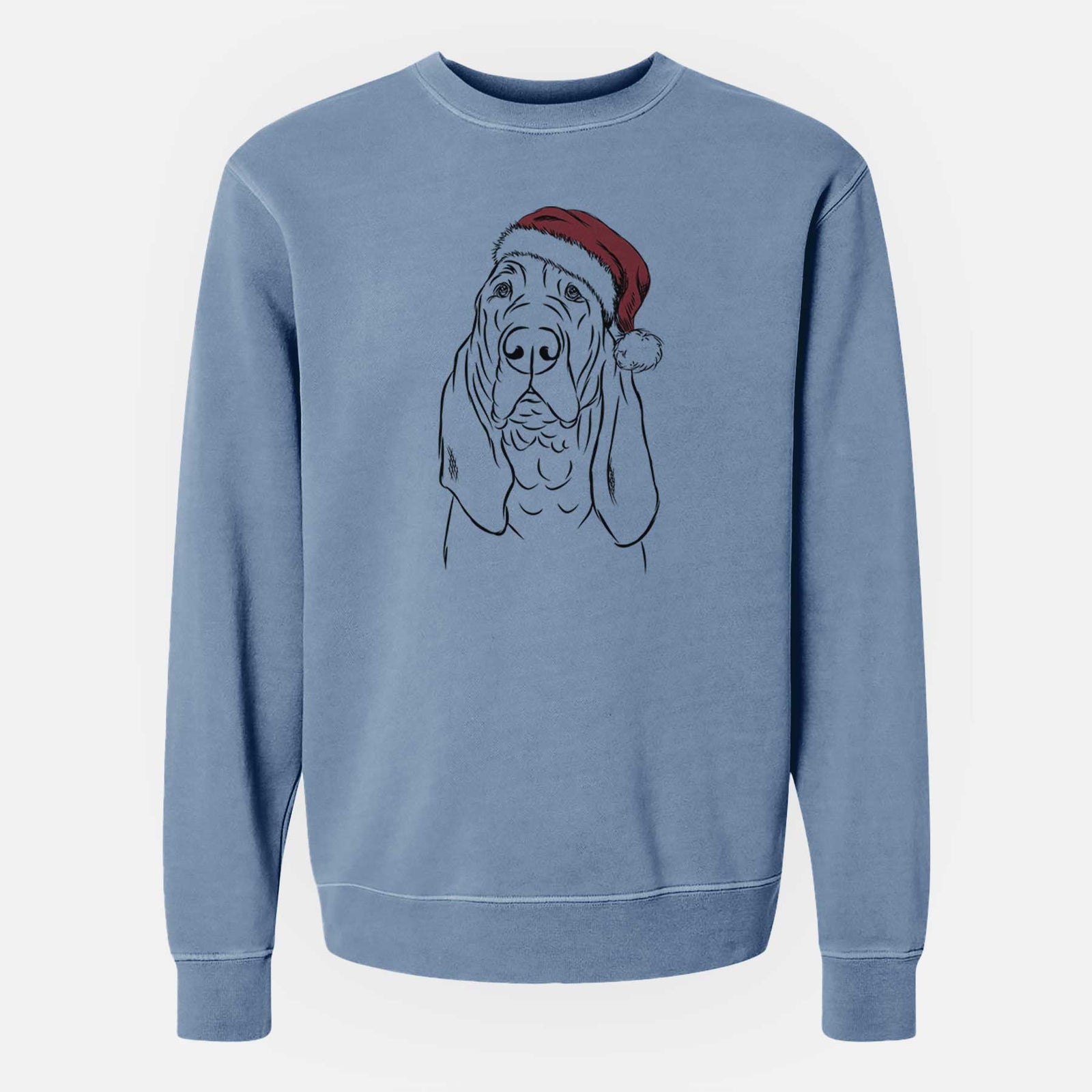 Hand-drawn sketch of Baron the Bloodhound wearing a Santa hat on a Slate Blue Unisex pigment dyed crew sweatshirt