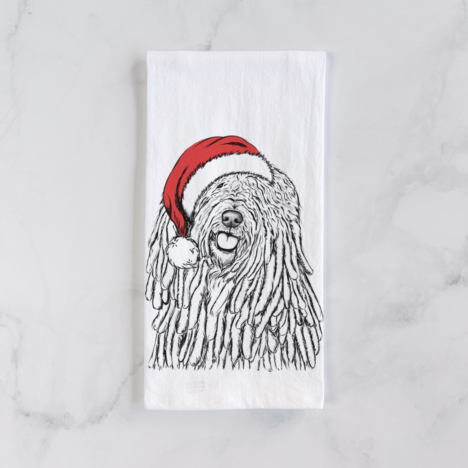 Hand-drawn sketch of Barry the Komondor wearing a Santa hat on a tea towel