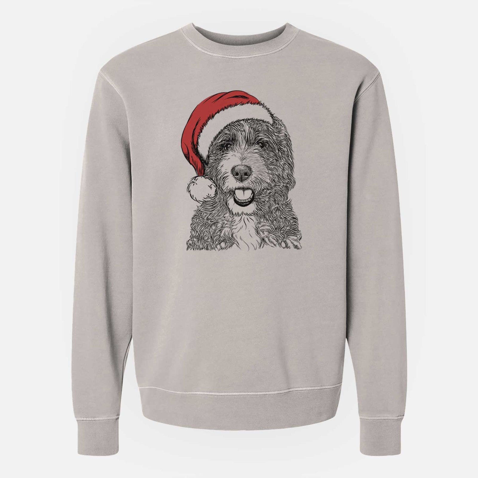 Hand-drawn sketch of Bash the Bernedoodle wearing a Santa hat on a Cement Unisex pigment dyed crew sweatshirt