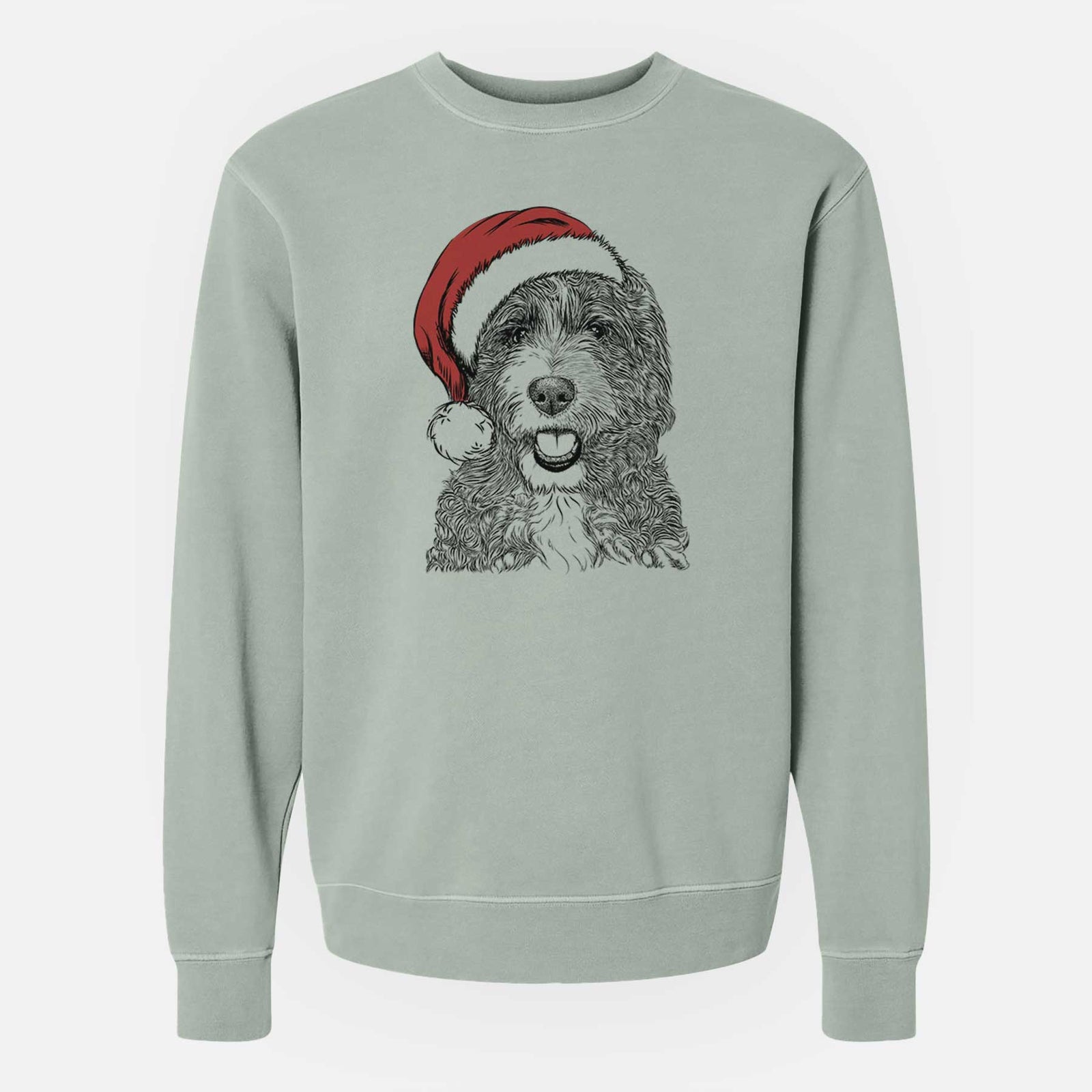 Hand-drawn sketch of Bash the Bernedoodle wearing a Santa hat on a Sage Unisex pigment dyed crew sweatshirt