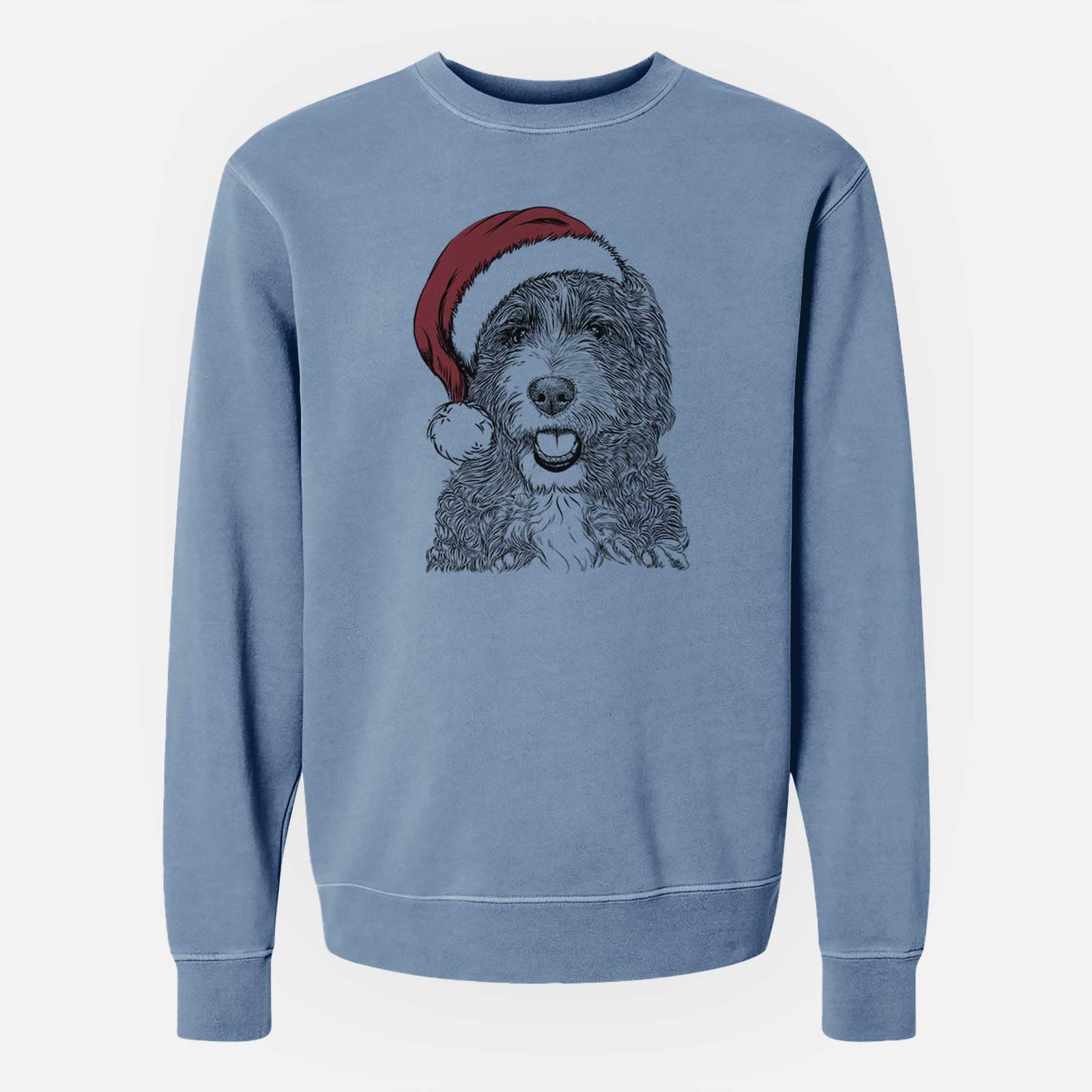 Hand-drawn sketch of Bash the Bernedoodle wearing a Santa hat on a Slate Blue Unisex pigment dyed crew sweatshirt