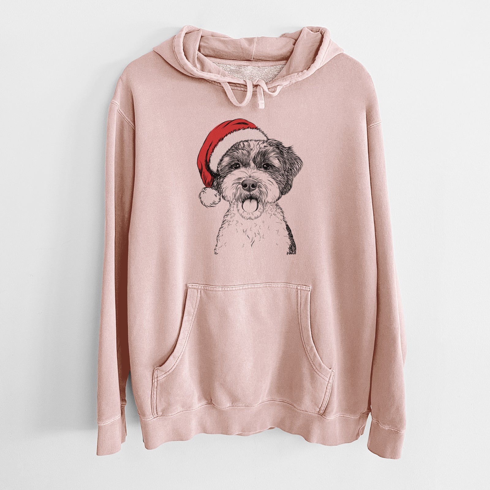 Hand-drawn sketch of Bella the Cockapoo wearing a Santa hat on a Dusty Pink Unisex pigment dyed hoodie