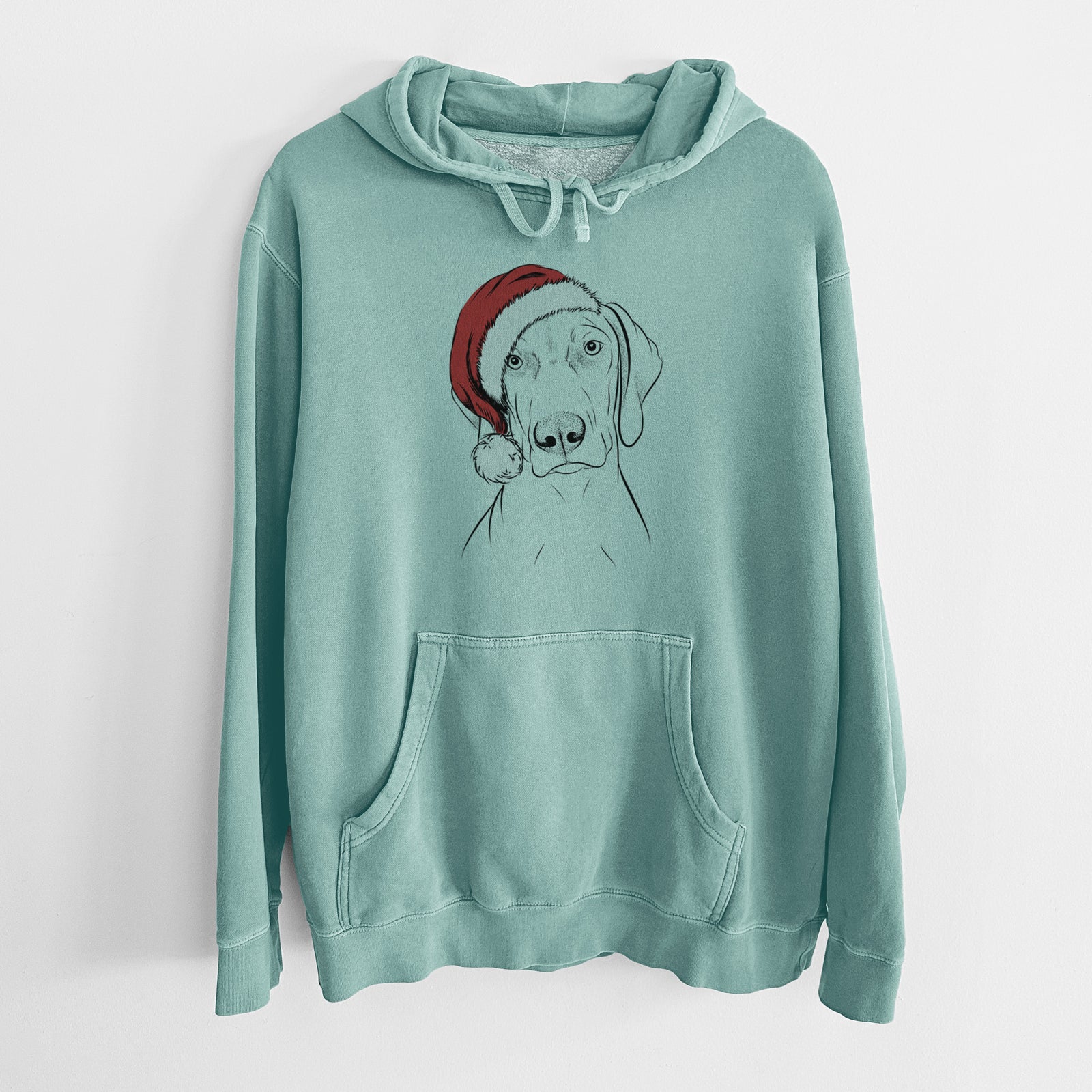 Hand-drawn sketch of Benelli the Vizsla wearing a Santa hat on a Mint Unisex pigment dyed hoodie