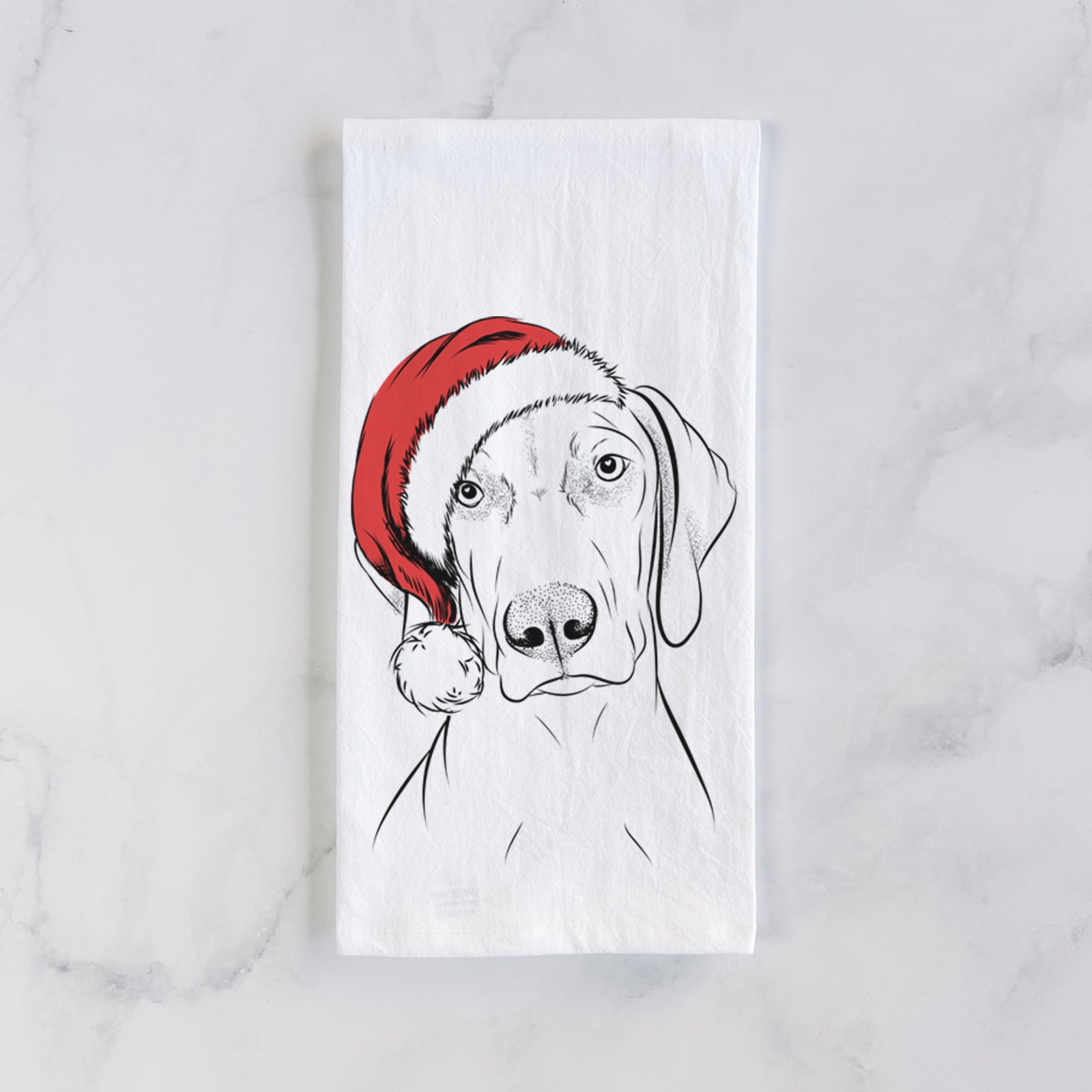 Hand-drawn sketch of Benelli the Vizsla wearing a Santa hat on a tea towel