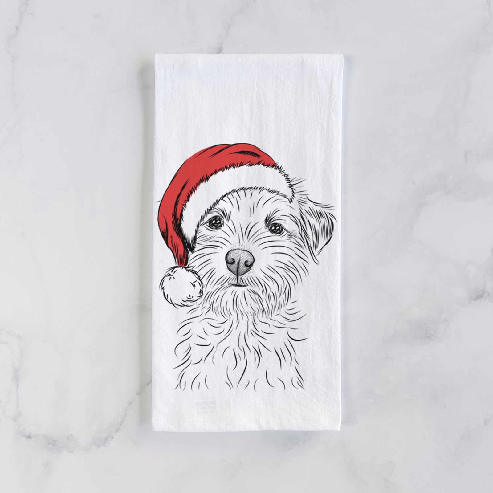 Hand-drawn sketch of Benjamin the Border Terrier wearing a Santa hat on a tea towel