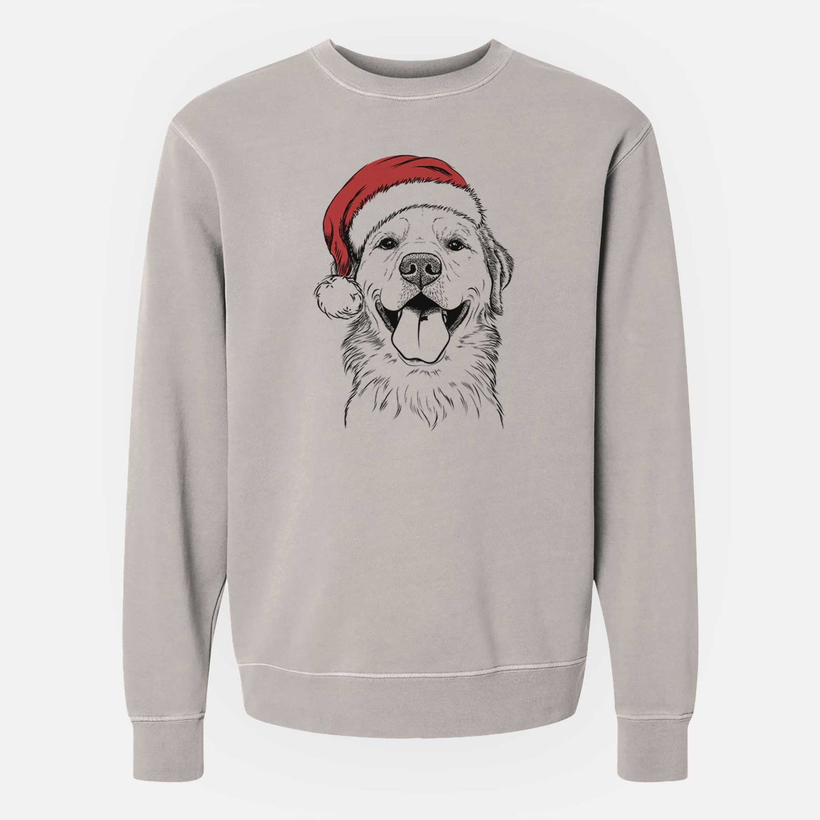 Hand-drawn sketch of Bennett the Golden Retriever wearing a Santa hat on a Cement Unisex pigment dyed crew sweatshirt