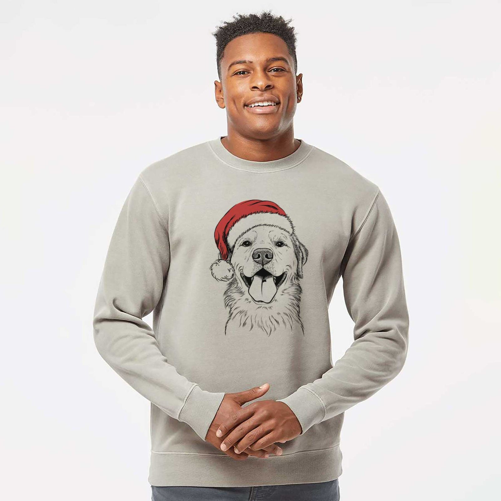 Hand-drawn sketch of Bennett the Golden Retriever wearing a Santa hat on a Cement Unisex pigment dyed crew sweatshirt