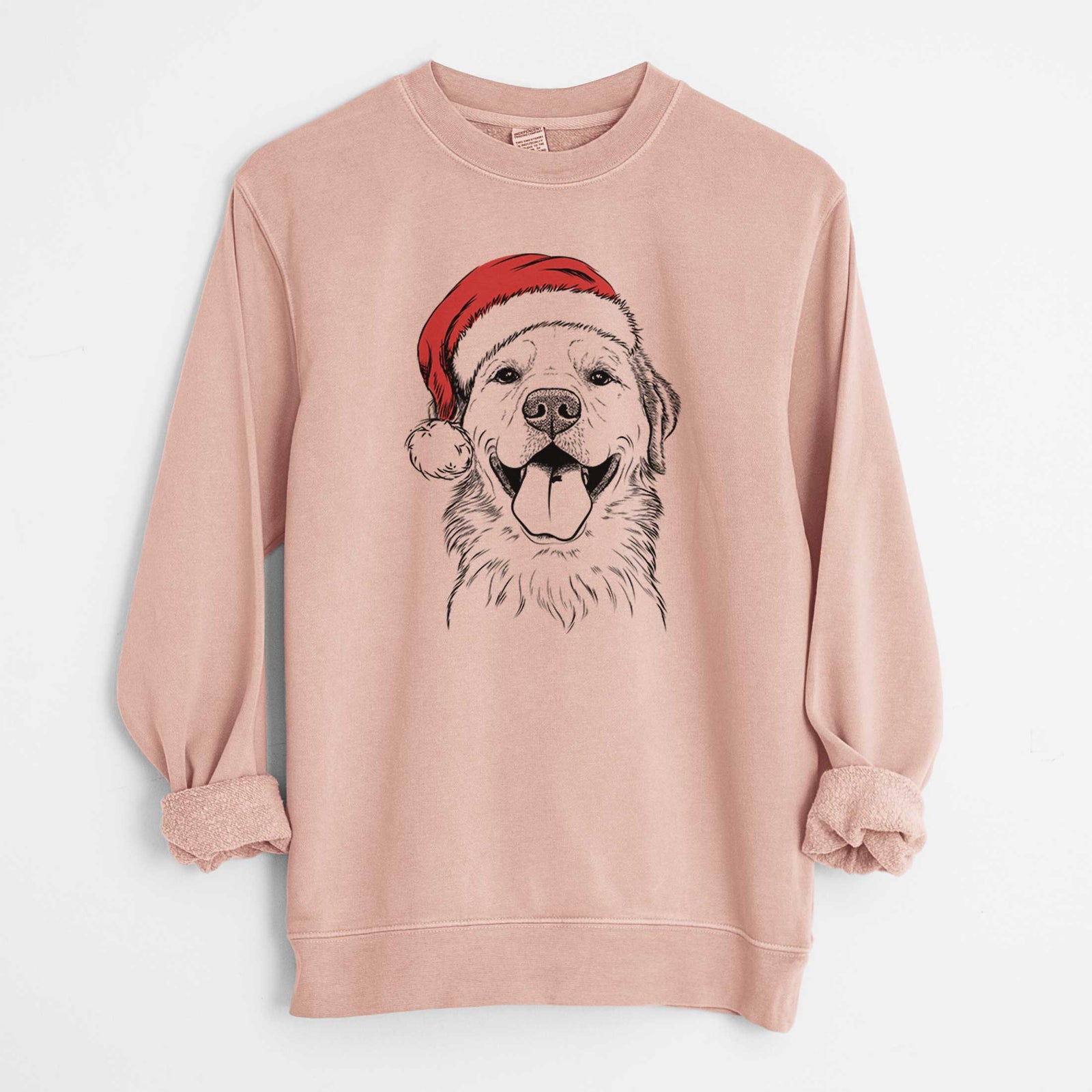 Hand-drawn sketch of Bennett the Golden Retriever wearing a Santa hat on a Dusty Pink Unisex pigment dyed crew sweatshirt
