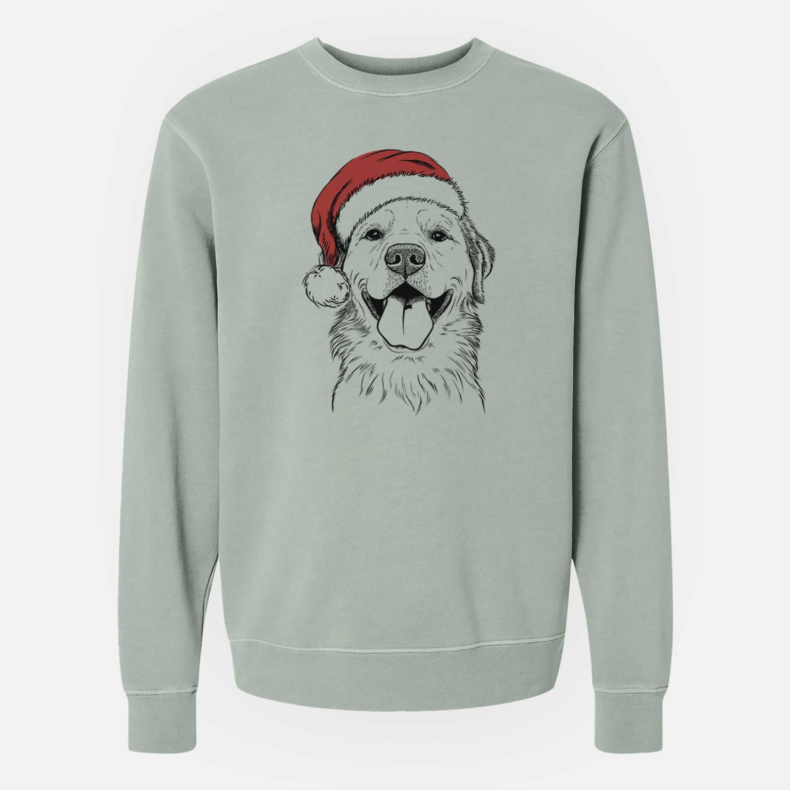Hand-drawn sketch of Bennett the Golden Retriever wearing a Santa hat on a Sage Unisex pigment dyed crew sweatshirt