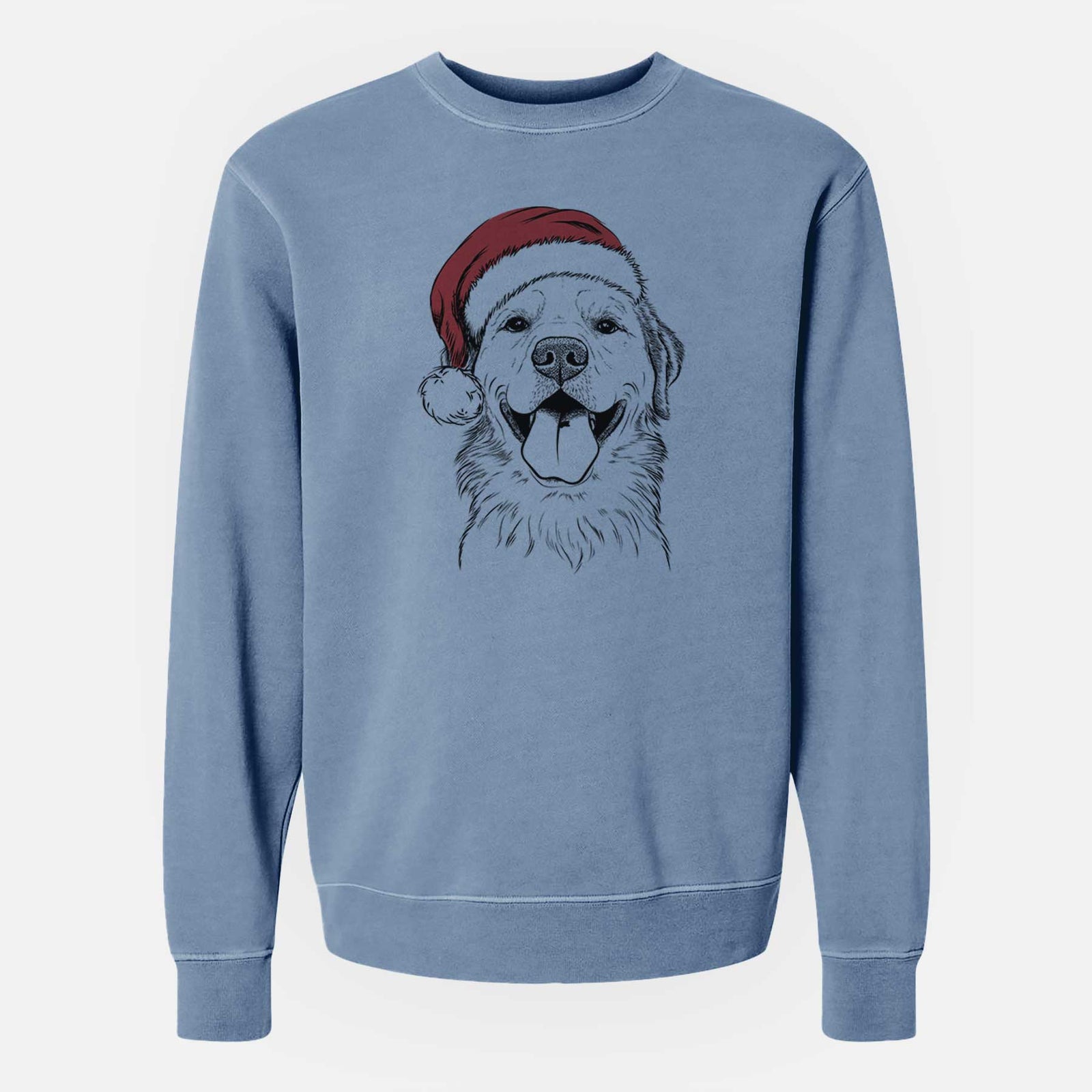 Hand-drawn sketch of Bennett the Golden Retriever wearing a Santa hat on a Slate Blue Unisex pigment dyed crew sweatshirt