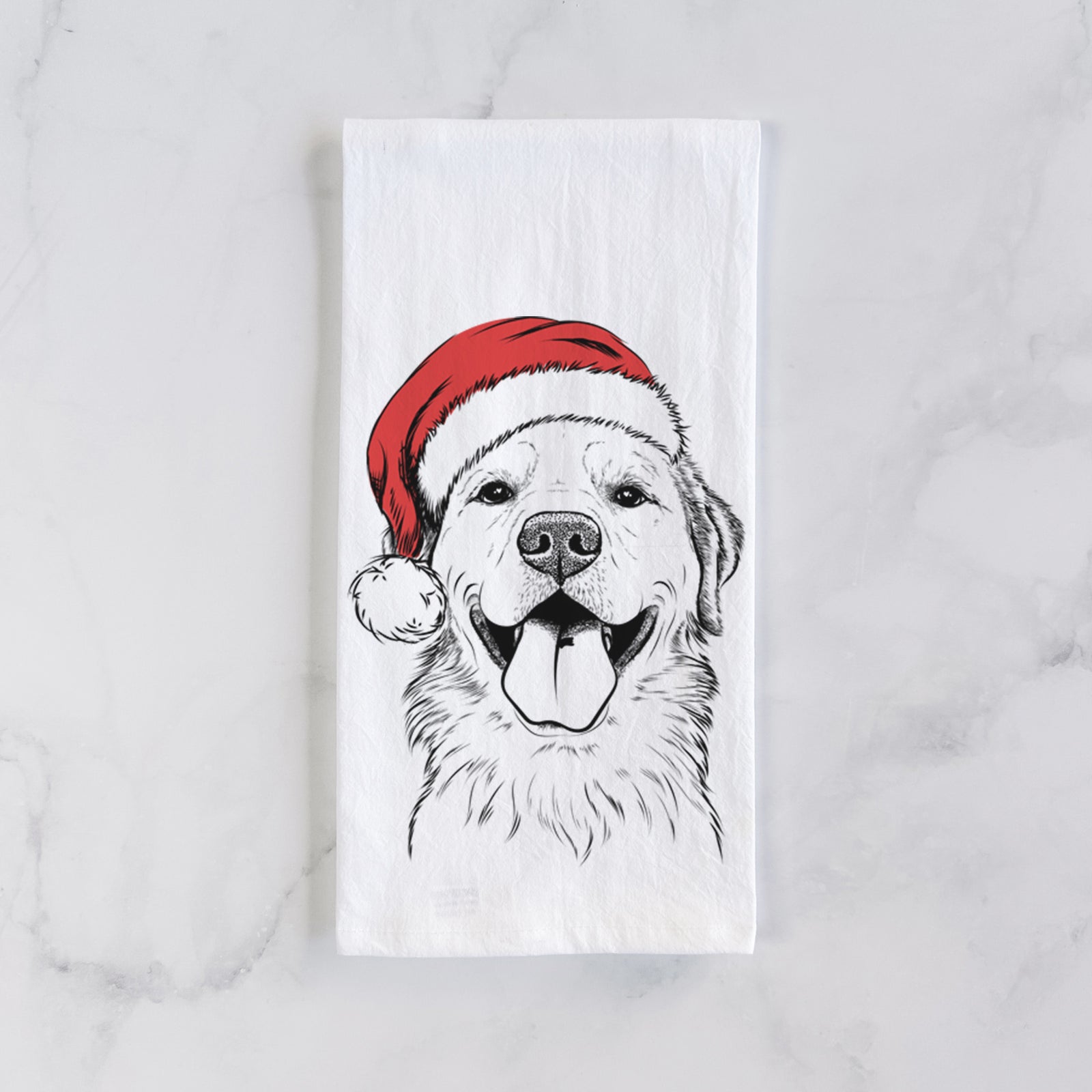 Hand-drawn sketch of Bennett the Golden Retriever wearing a Santa hat on a tea towel
