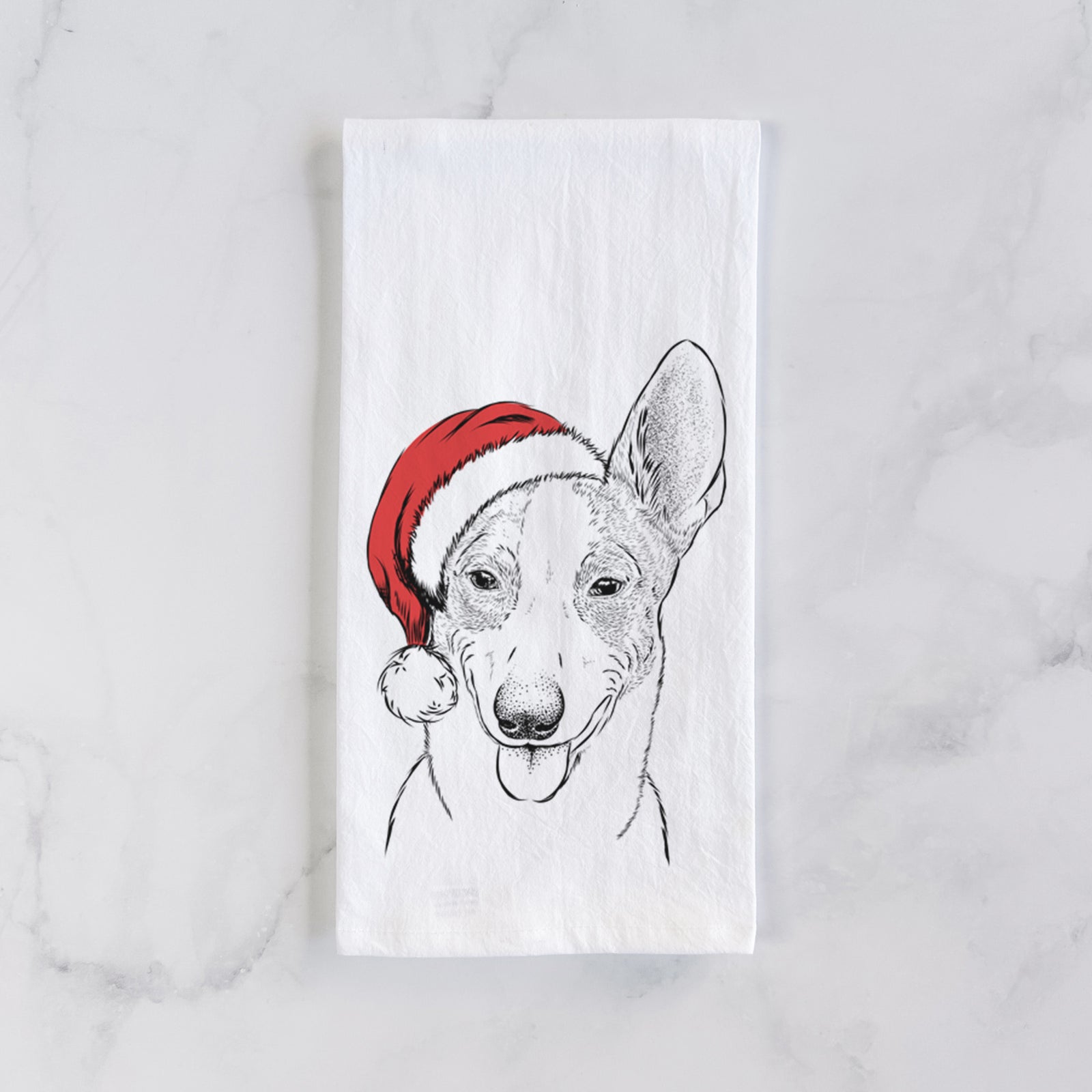 Hand-drawn sketch of Berlin the Carolina Dog wearing a Santa hat on a tea towel