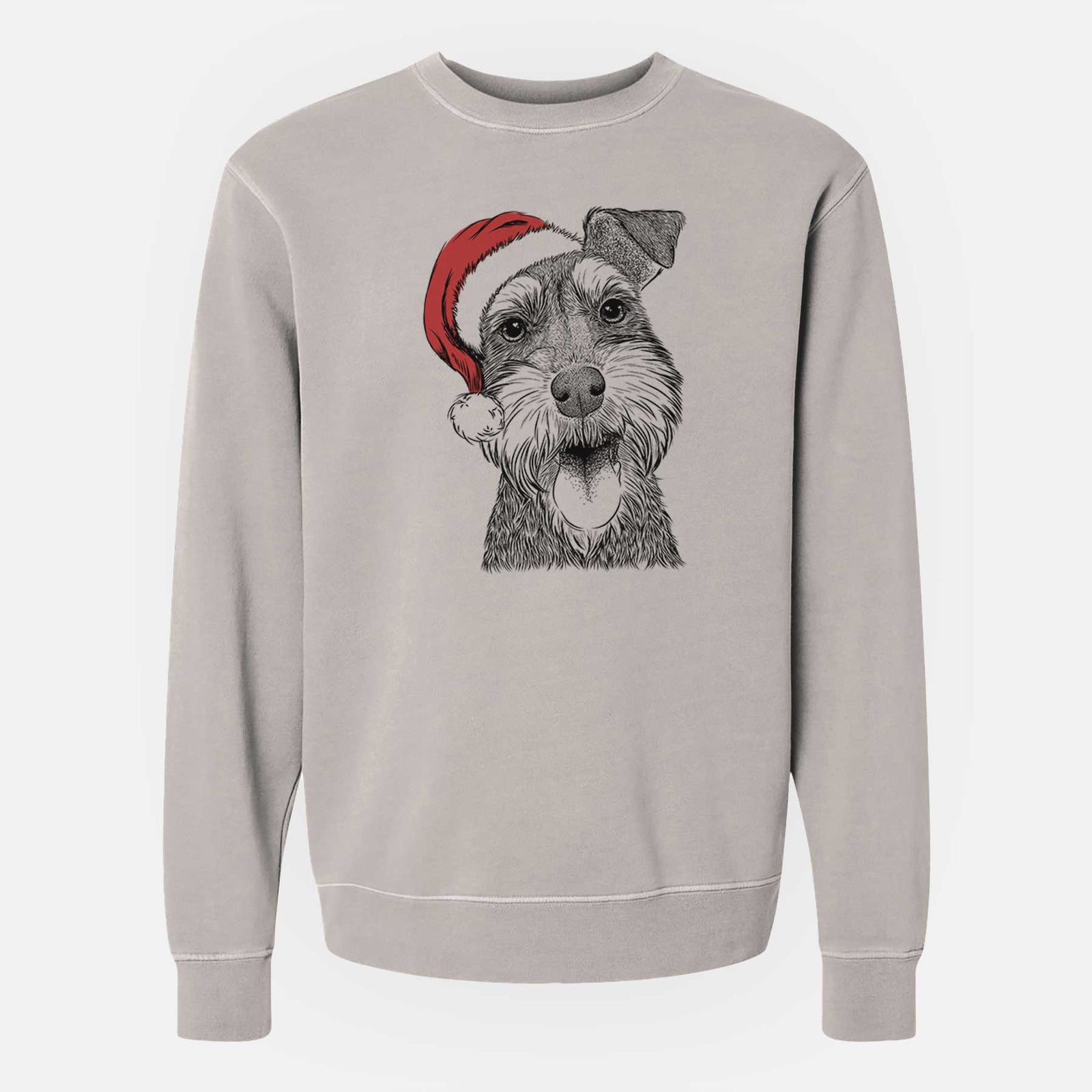 Hand-drawn sketch of Bernadette the Mini Schnauzer wearing a Santa hat on a Cement Unisex pigment dyed crew sweatshirt