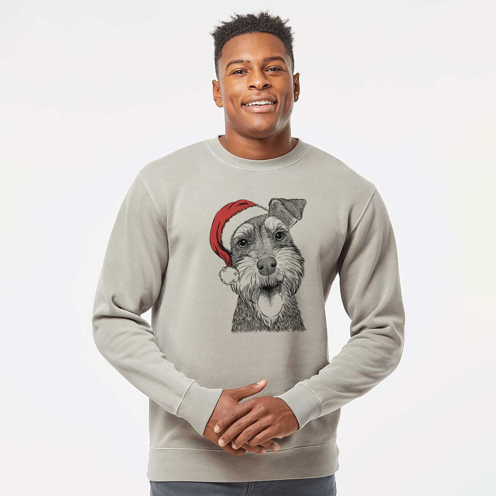 Hand-drawn sketch of Bernadette the Mini Schnauzer wearing a Santa hat on a Cement Unisex pigment dyed crew sweatshirt