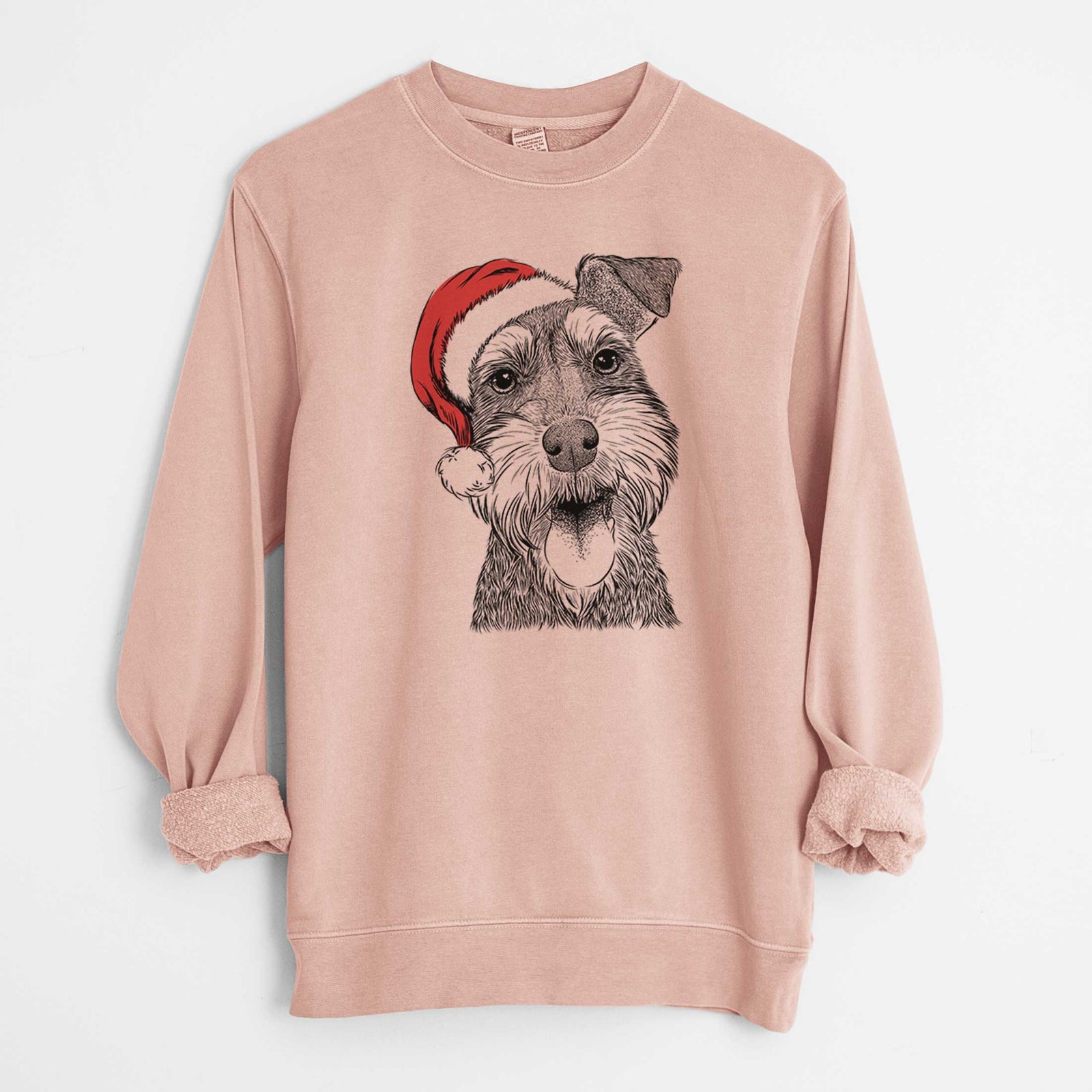 Hand-drawn sketch of Bernadette the Mini Schnauzer wearing a Santa hat on a Dusty Pink Unisex pigment dyed crew sweatshirt