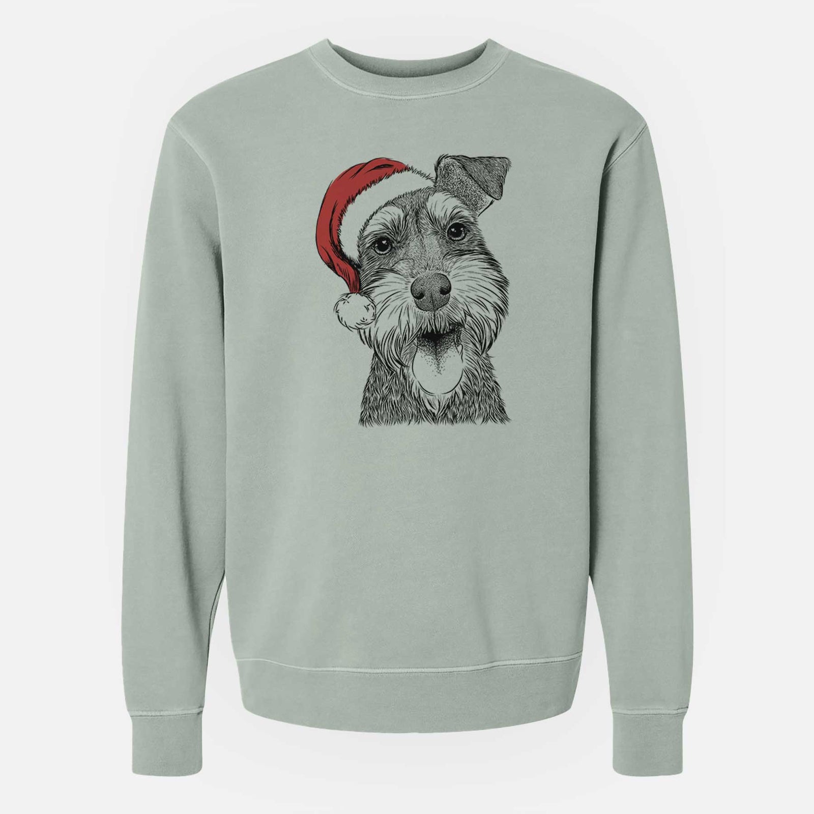 Hand-drawn sketch of Bernadette the Mini Schnauzer wearing a Santa hat on a Sage Unisex pigment dyed crew sweatshirt