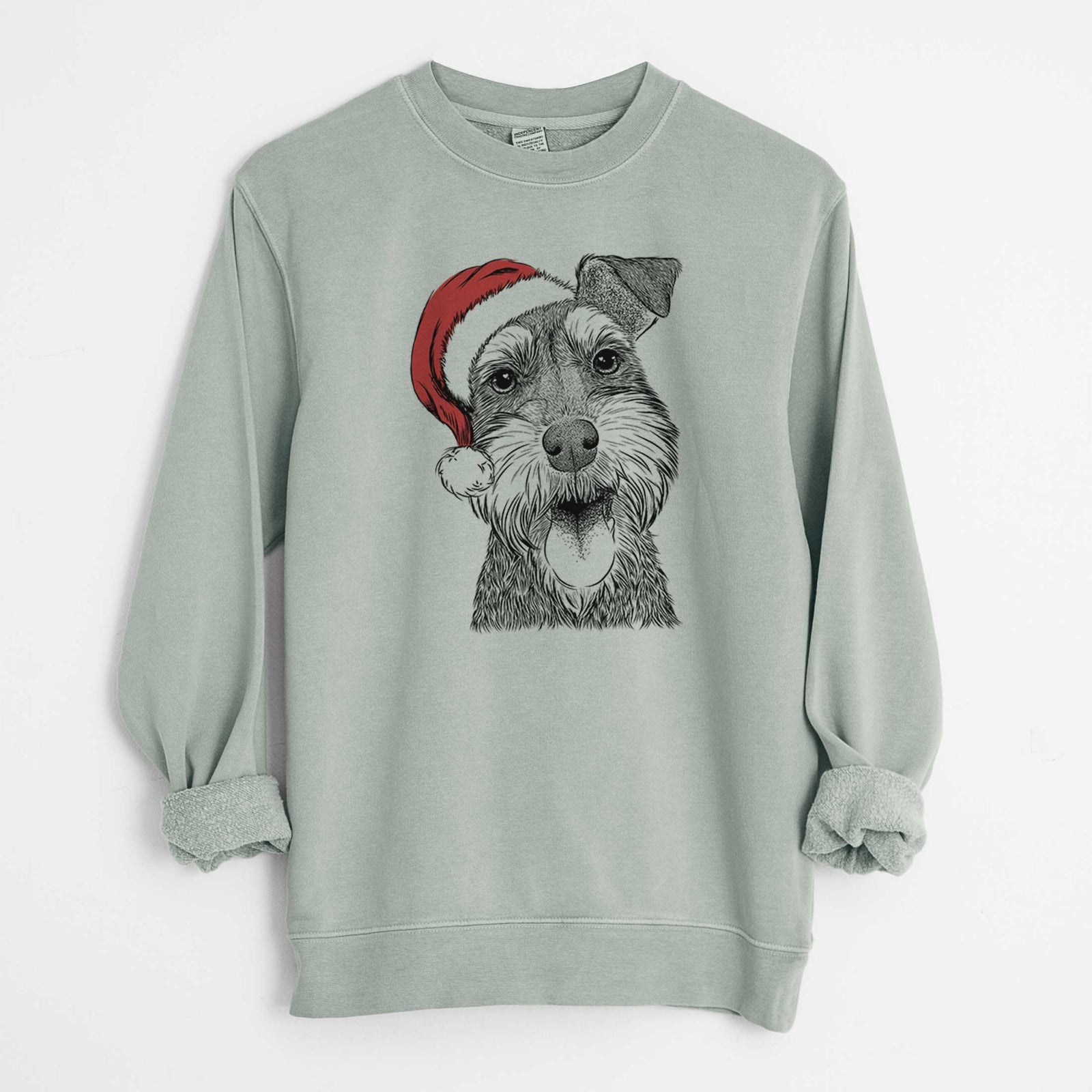 Hand-drawn sketch of Bernadette the Mini Schnauzer wearing a Santa hat on a Sage Unisex pigment dyed crew sweatshirt