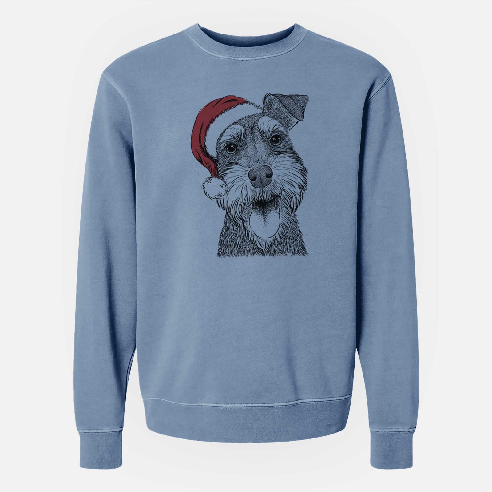 Hand-drawn sketch of Bernadette the Mini Schnauzer wearing a Santa hat on a Slate Blue Unisex pigment dyed crew sweatshirt