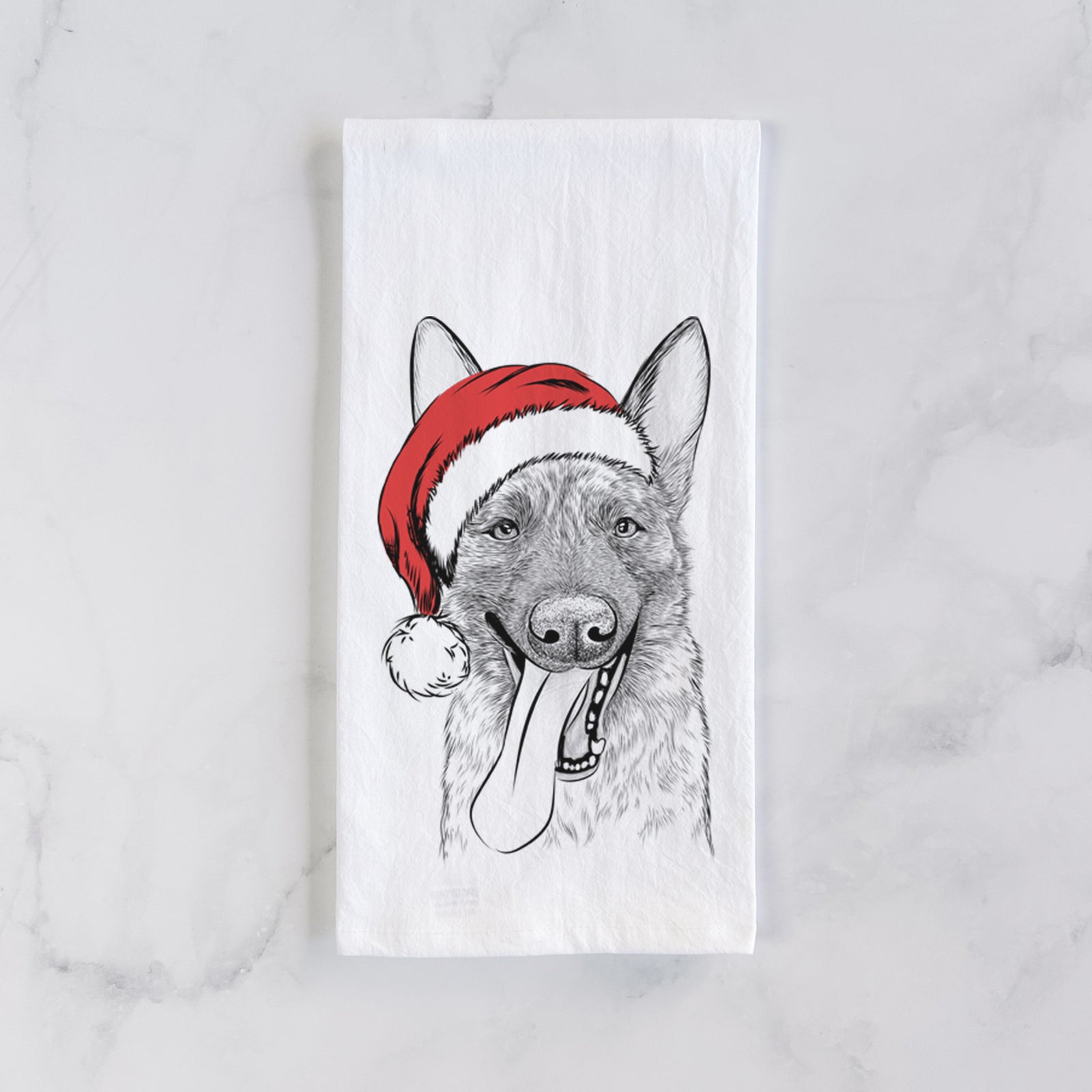 Hand-drawn sketch of Bessa the Dutch Shepherd wearing a Santa hat on a tea towel