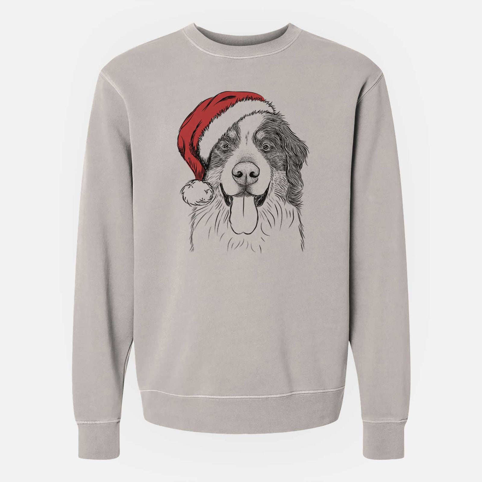 Hand-drawn sketch of Blaze the Bernese Mountain Dog wearing a Santa hat on a Cement Unisex pigment dyed crew sweatshirt
