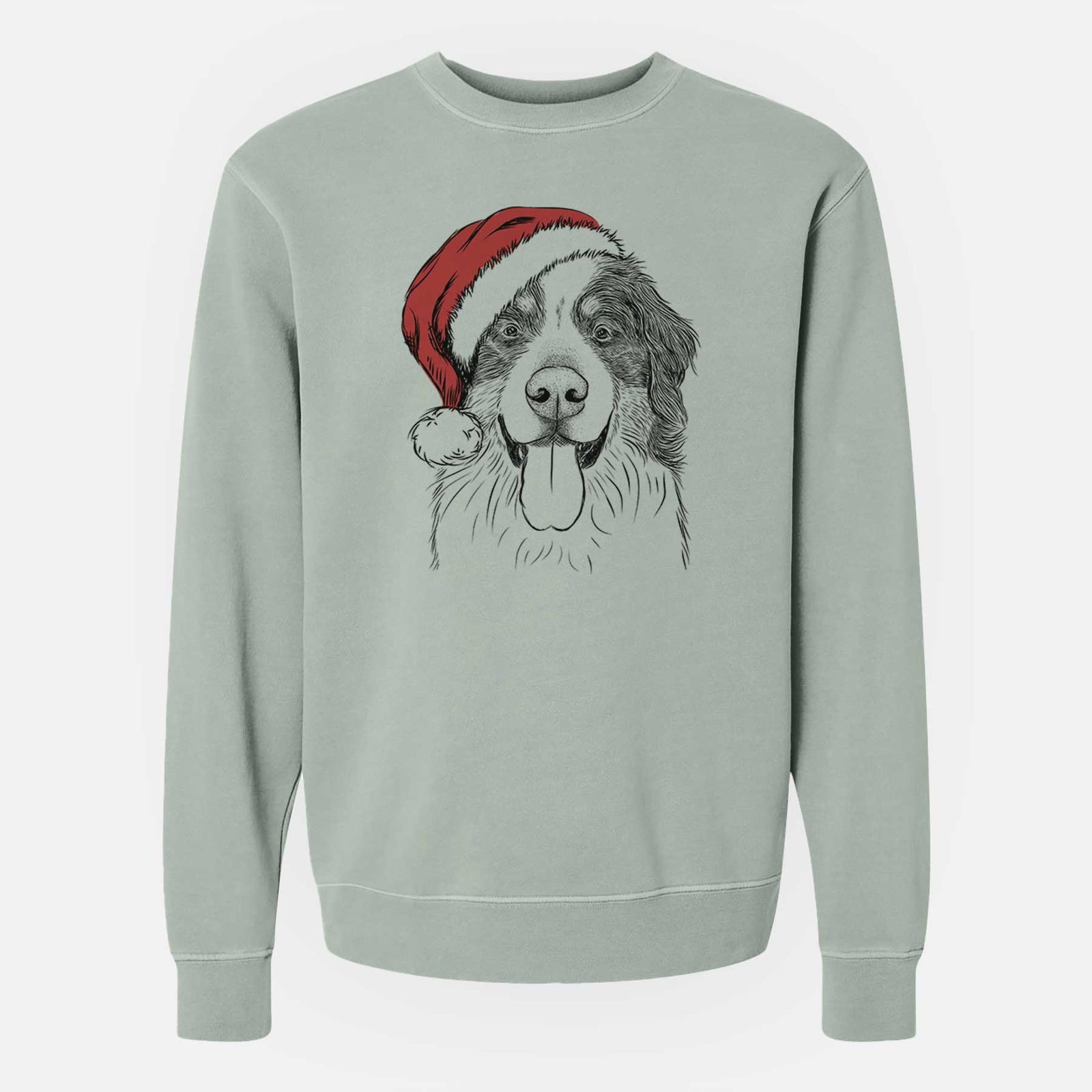 Hand-drawn sketch of Blaze the Bernese Mountain Dog wearing a Santa hat on a Sage Unisex pigment dyed crew sweatshirt