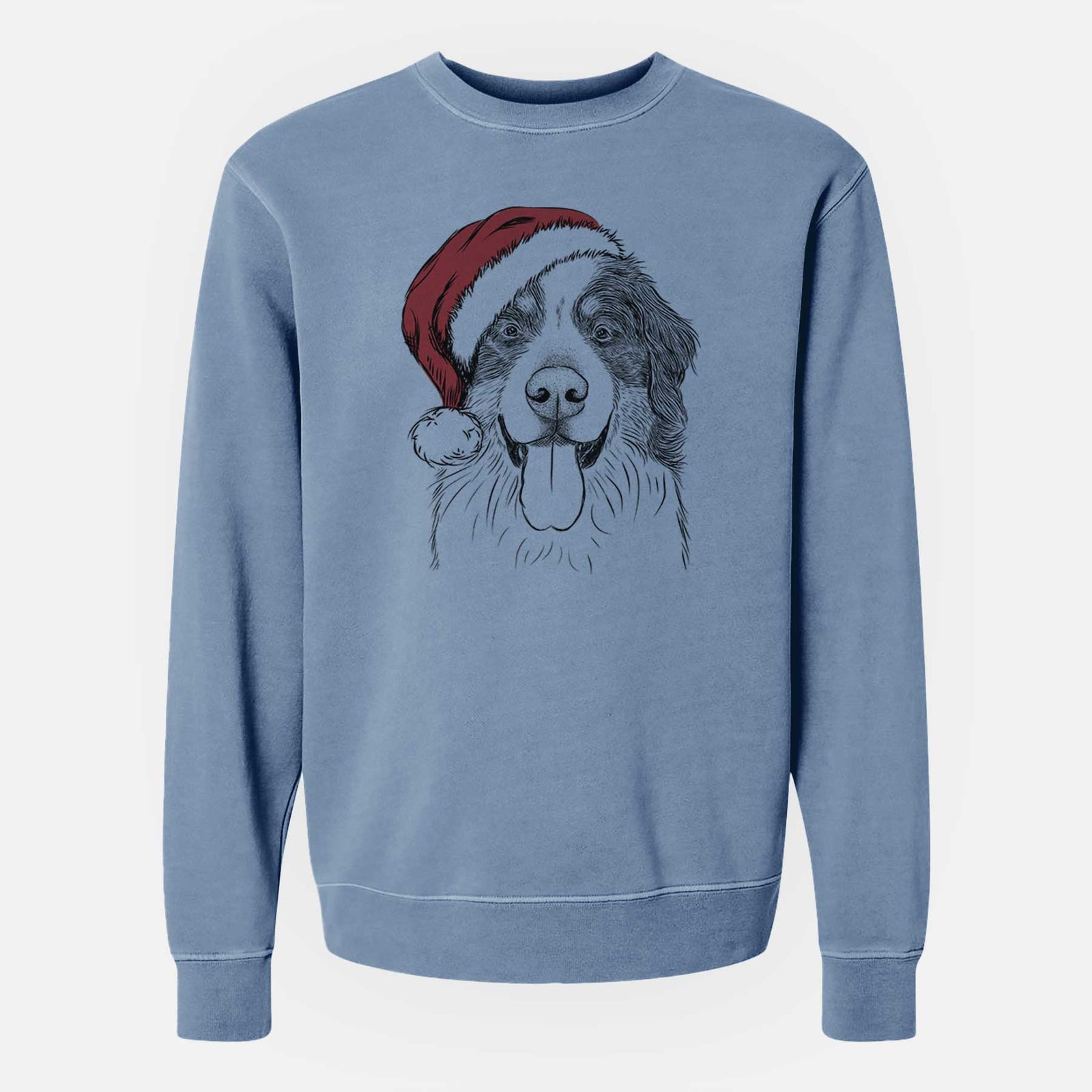 Hand-drawn sketch of Blaze the Bernese Mountain Dog wearing a Santa hat on a Slate Blue Unisex pigment dyed crew sweatshirt