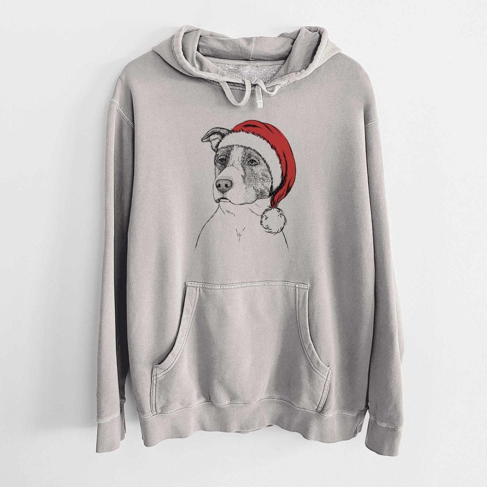 Hand-drawn sketch of Blu the Pitbull wearing a Santa hat on a Cement Unisex pigment dyed hoodie