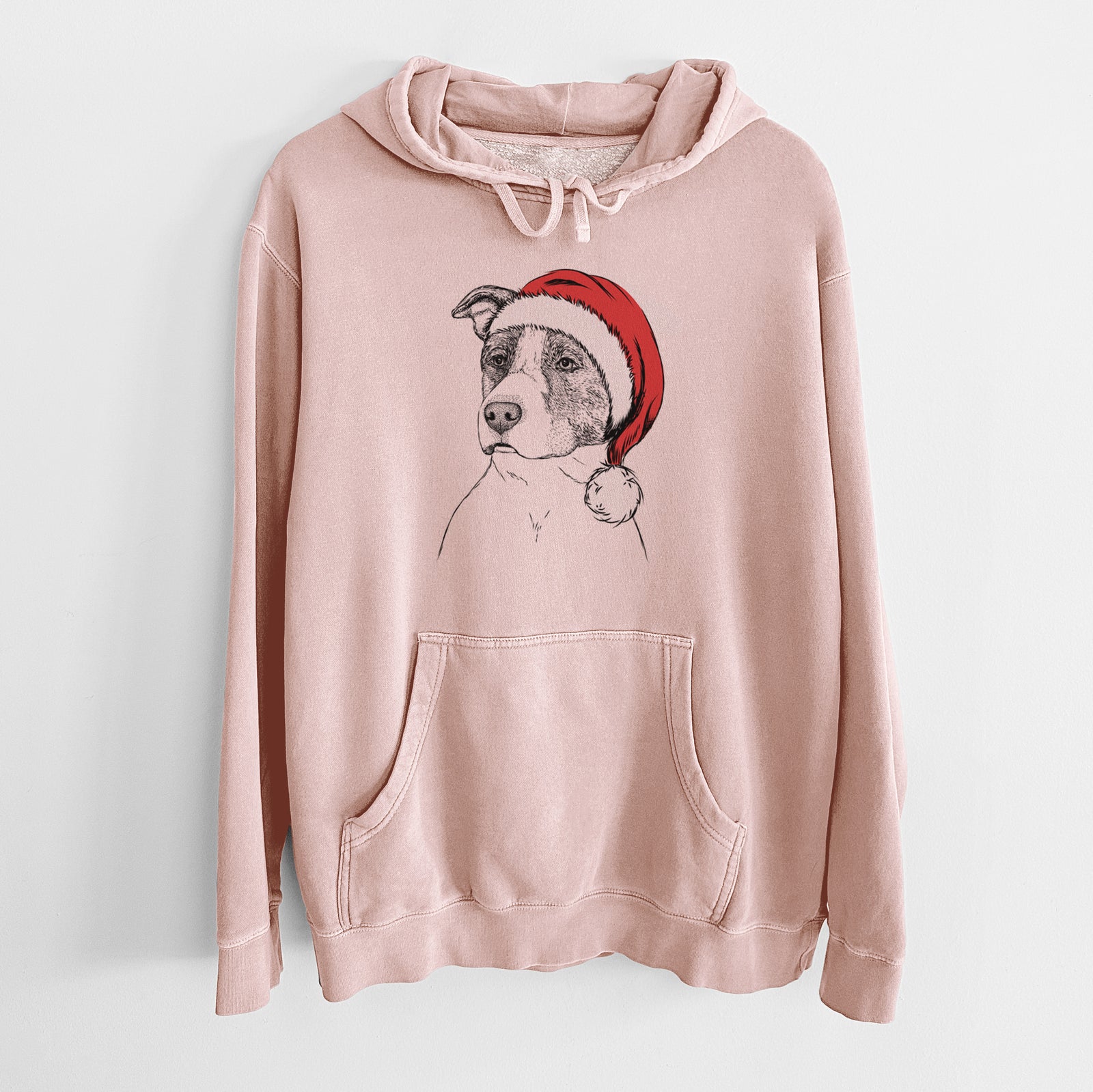 Hand-drawn sketch of Blu the Pitbull wearing a Santa hat on a Dusty Pink Unisex pigment dyed hoodie