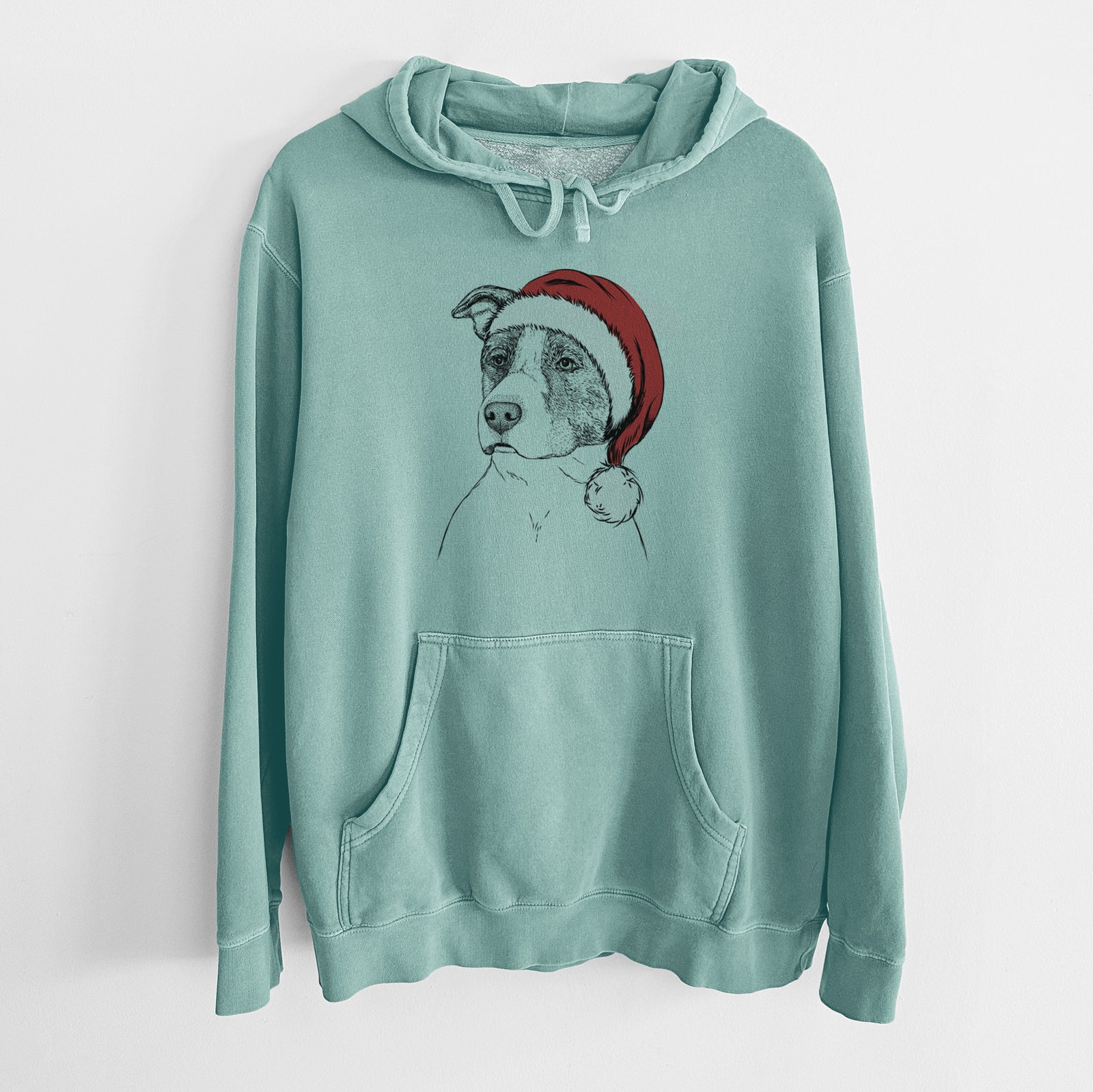 Hand-drawn sketch of Blu the Pitbull wearing a Santa hat on a Mint Unisex pigment dyed hoodie