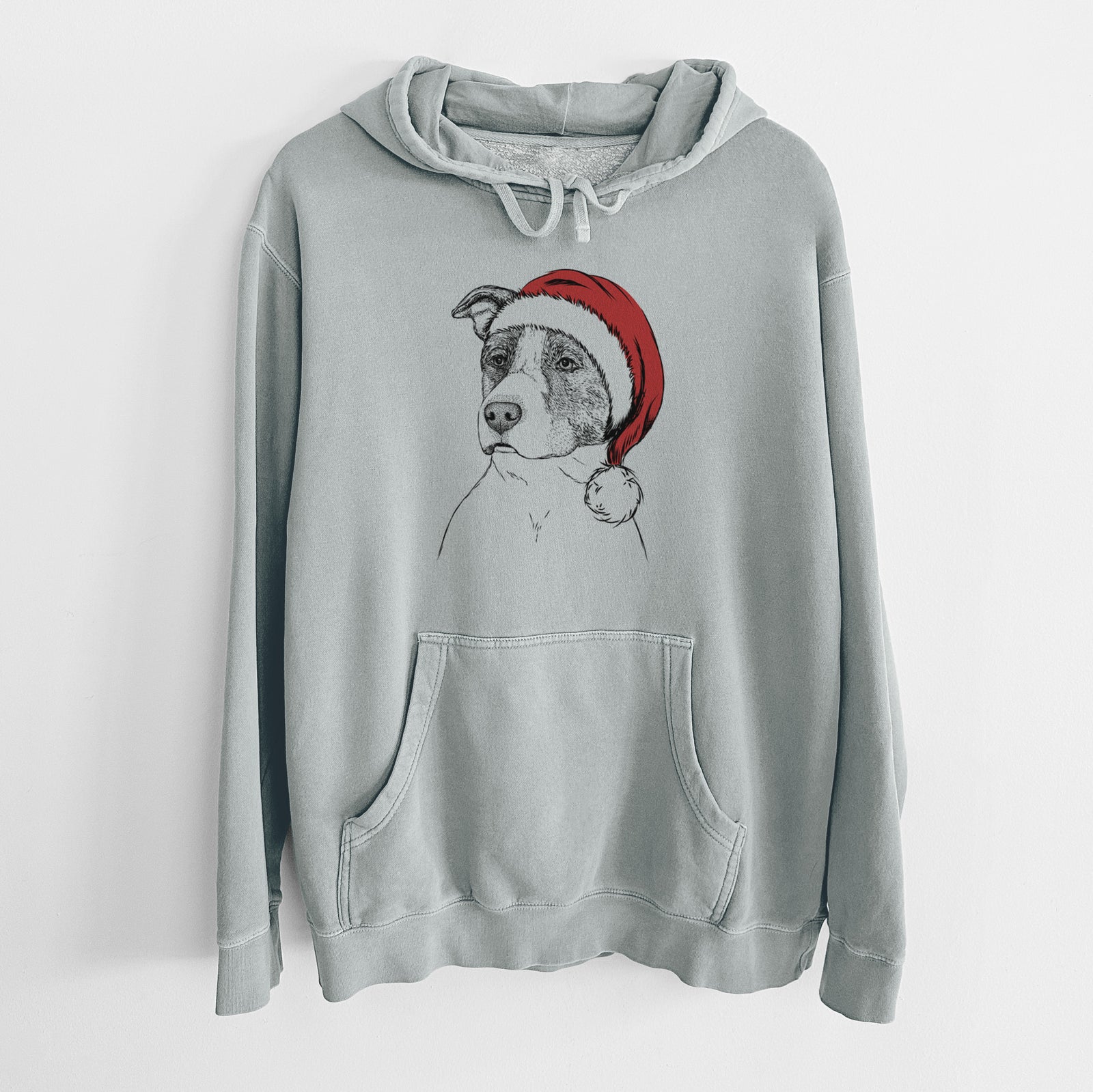 Hand-drawn sketch of Blu the Pitbull wearing a Santa hat on a Sage Unisex pigment dyed hoodie