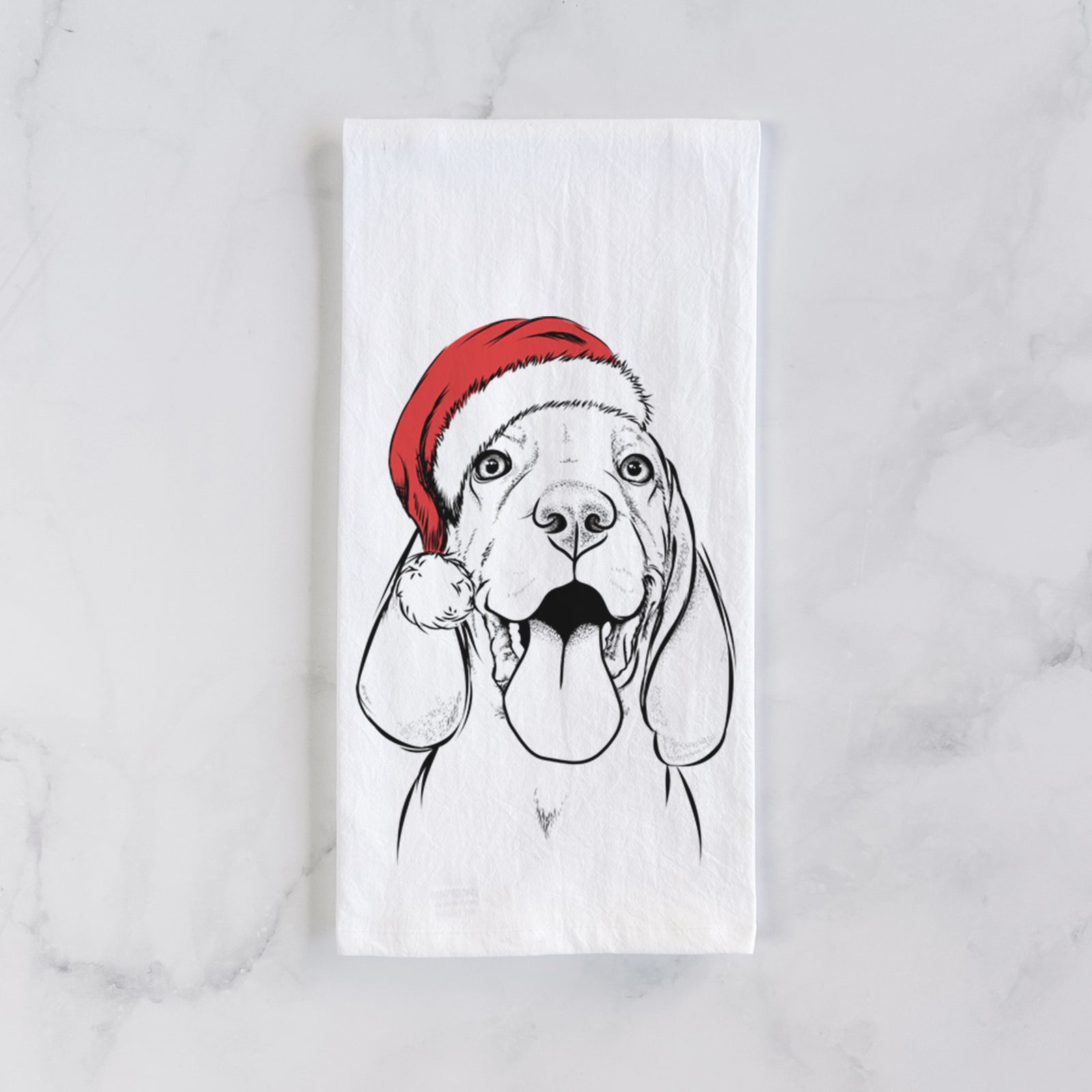 Hand-drawn sketch of Bodi the Vizsla wearing a Santa hat on a tea towel