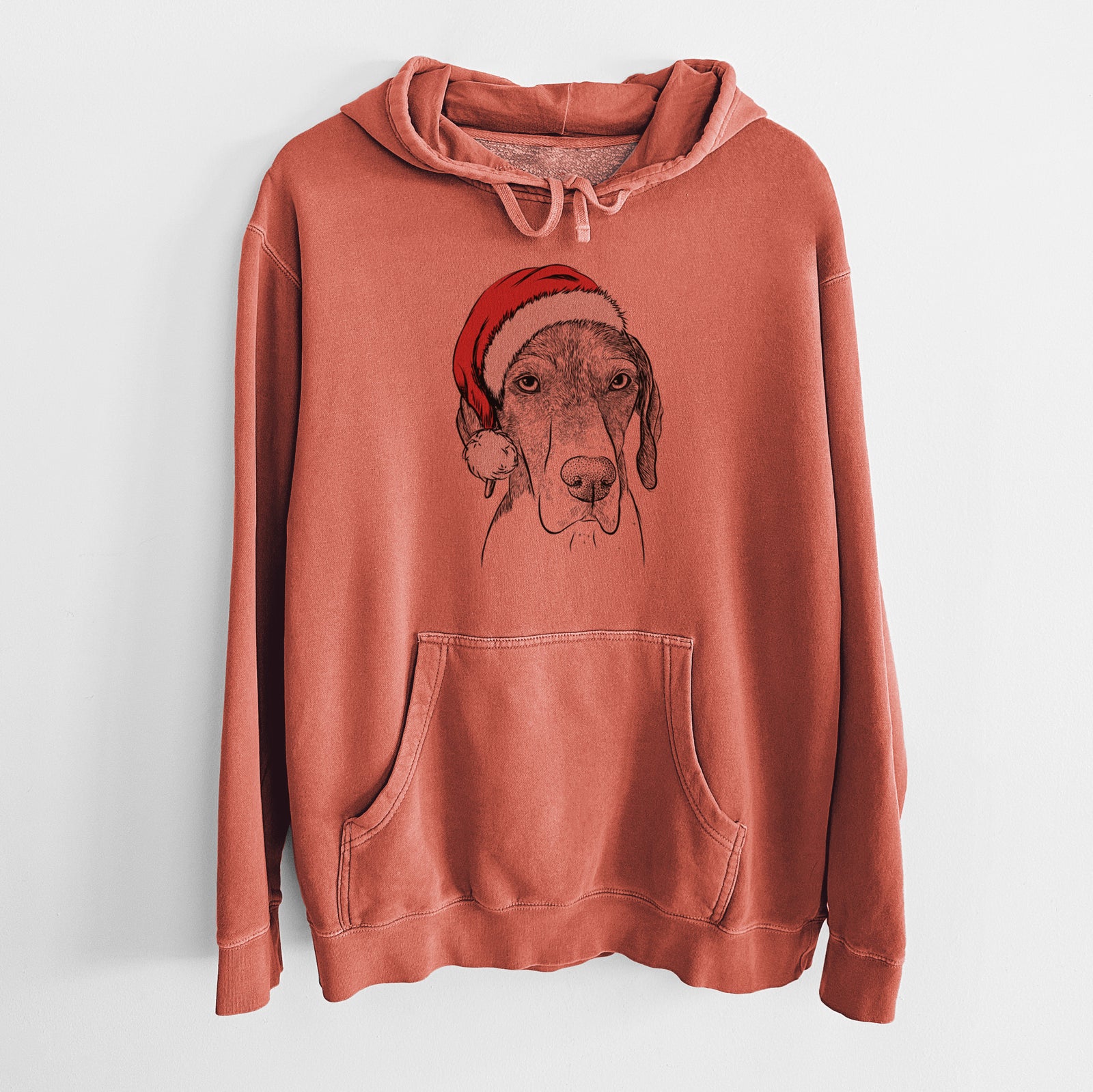 Hand-drawn sketch of Bohdi the German Shorthaired Pointer wearing a Santa hat on an Amber Unisex pigment dyed hoodie