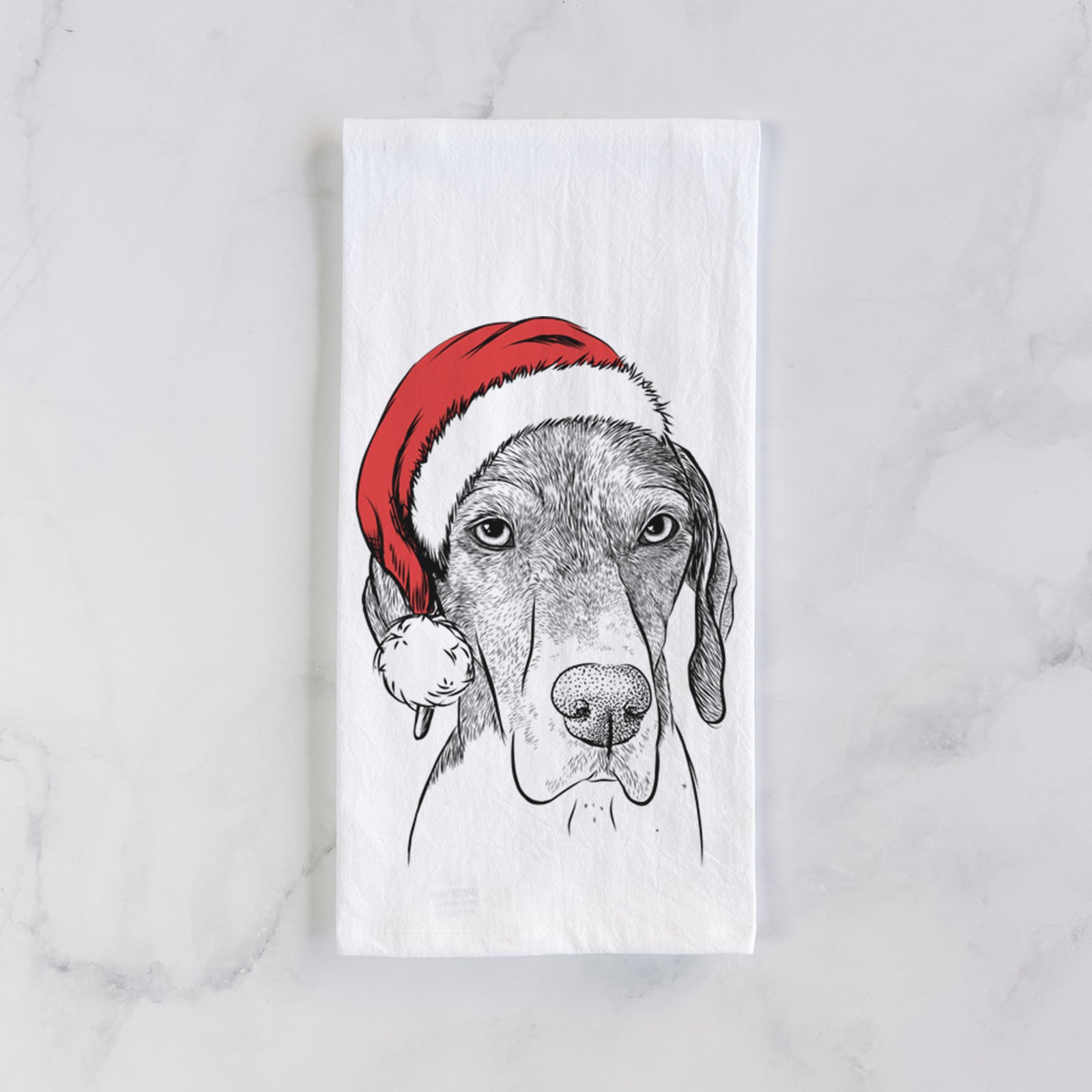 Hand-drawn sketch of Bohdi the German Shorthaired Pointer wearing a Santa hat on a tea towel