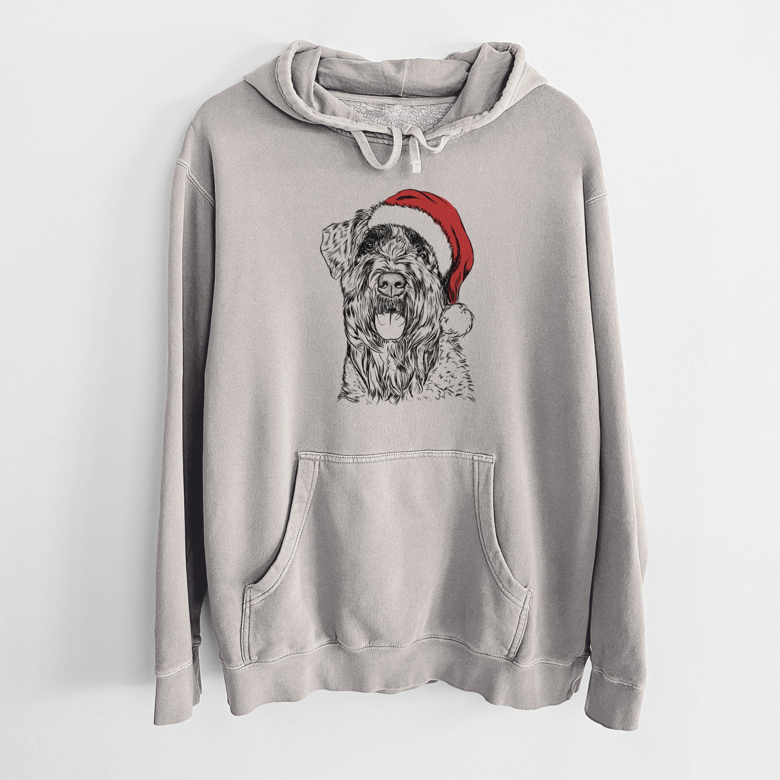 Hand-drawn sketch of Bonnie the Bouvier Des Flandres wearing a Santa hat on a Cement Unisex pigment dyed hoodie