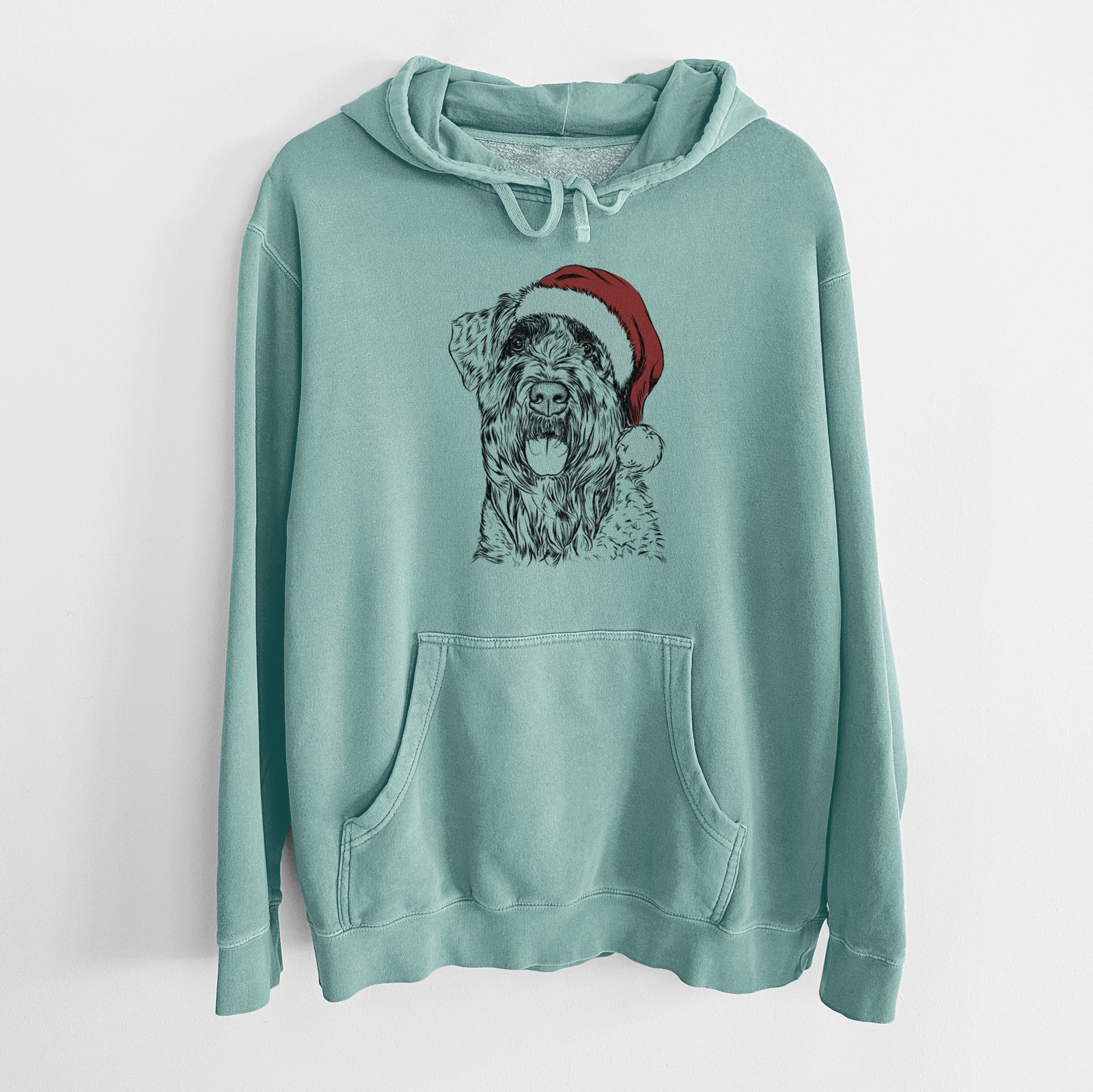 Hand-drawn sketch of Bonnie the Bouvier Des Flandres wearing a Santa hat on a Mint Unisex pigment dyed hoodie